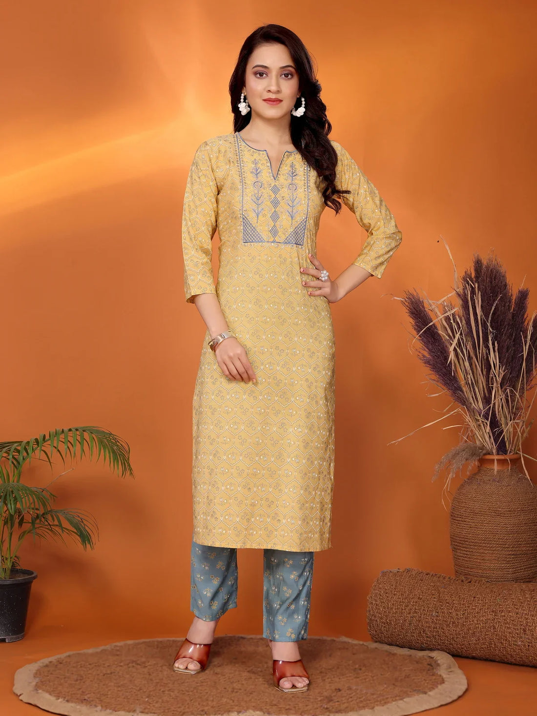 Buy Viscose Blend Embroidered Straight Calf Length Kurta with Pant-Yellow