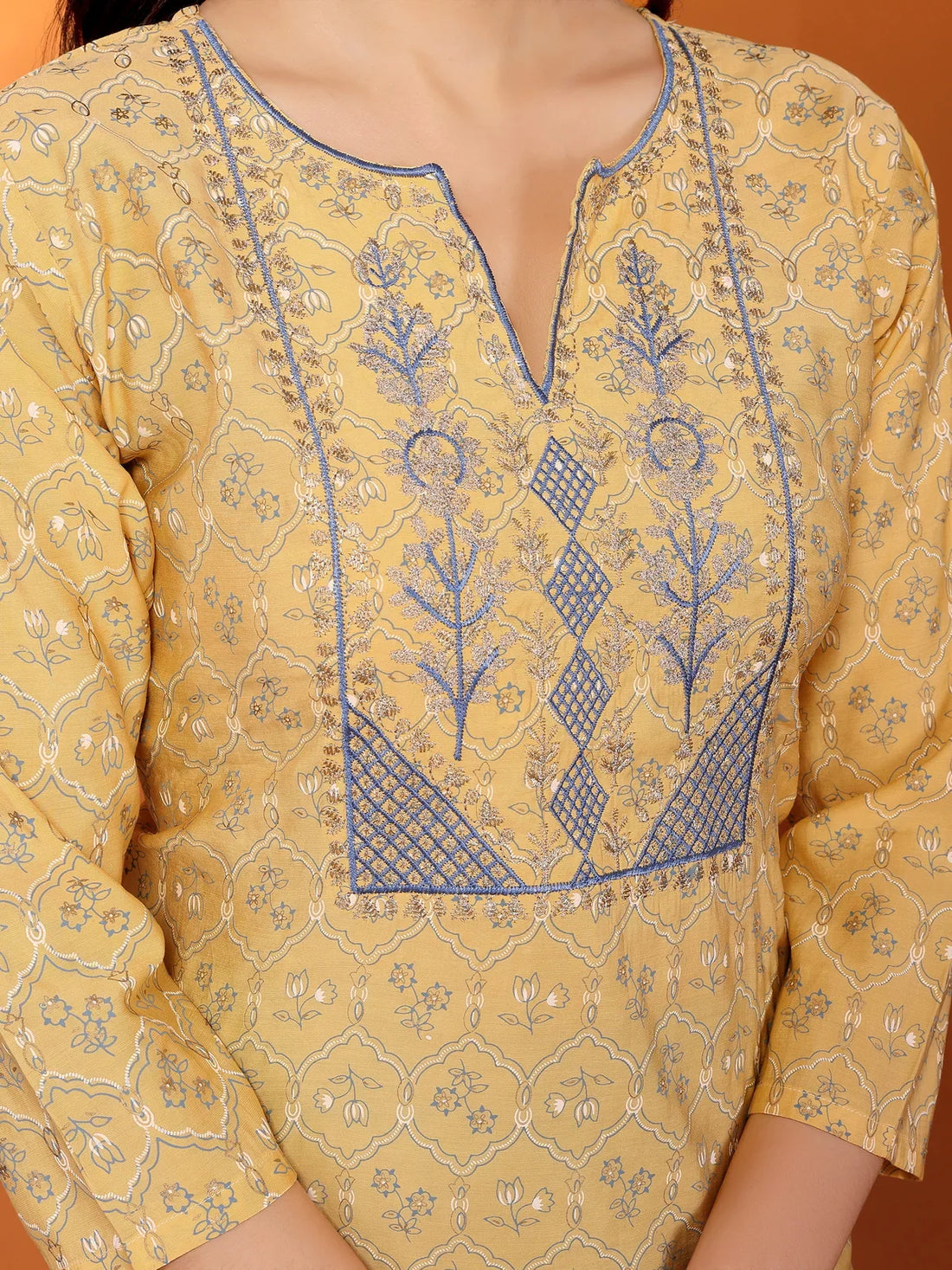 Buy Viscose Blend Embroidered Straight Calf Length Kurta with Pant-Yellow