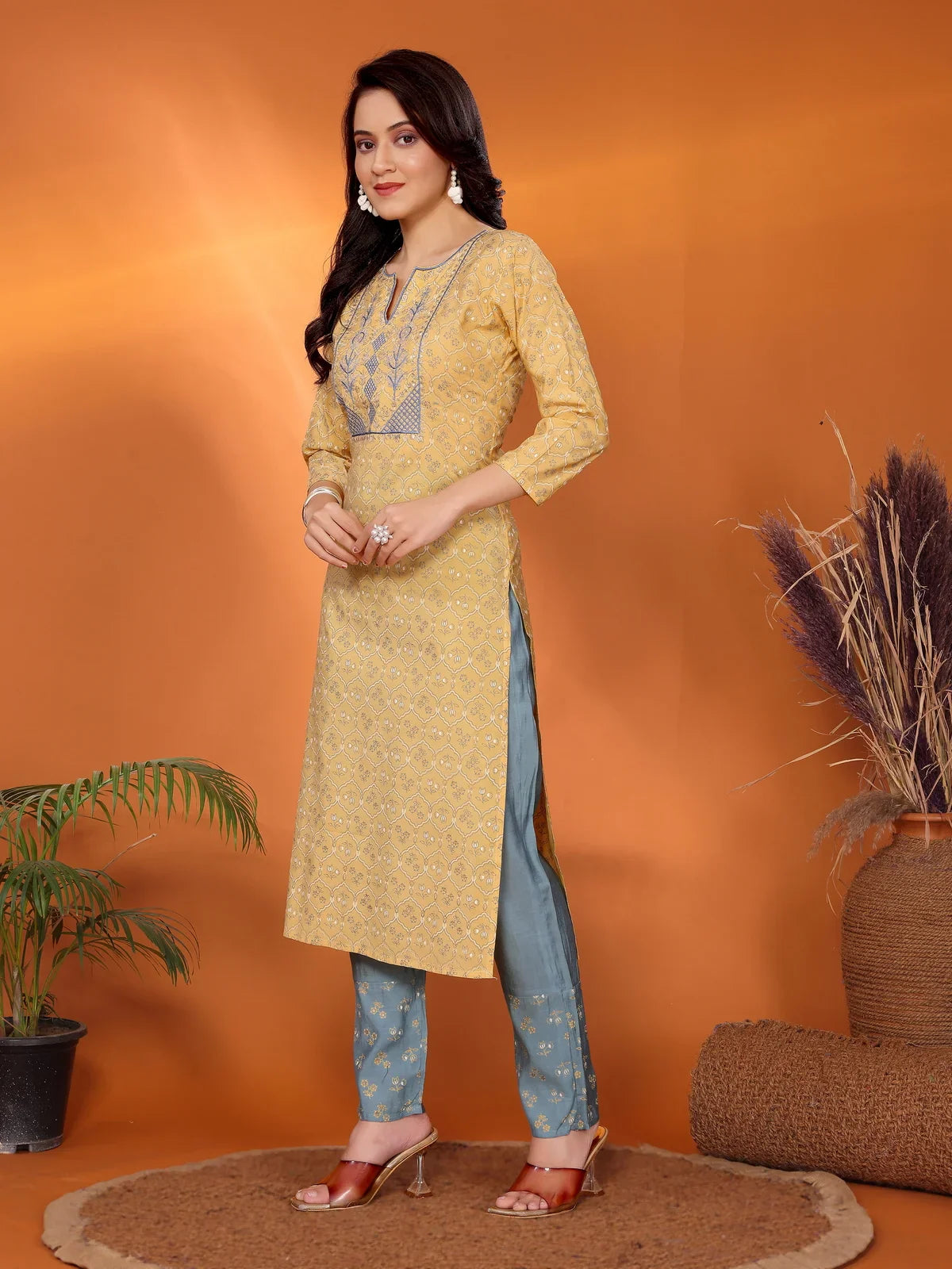 Buy Viscose Blend Embroidered Straight Calf Length Kurta with Pant-Yellow