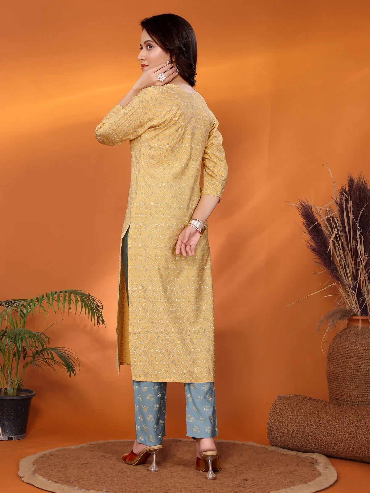 Buy Viscose Blend Embroidered Straight Calf Length Kurta with Pant-Yellow