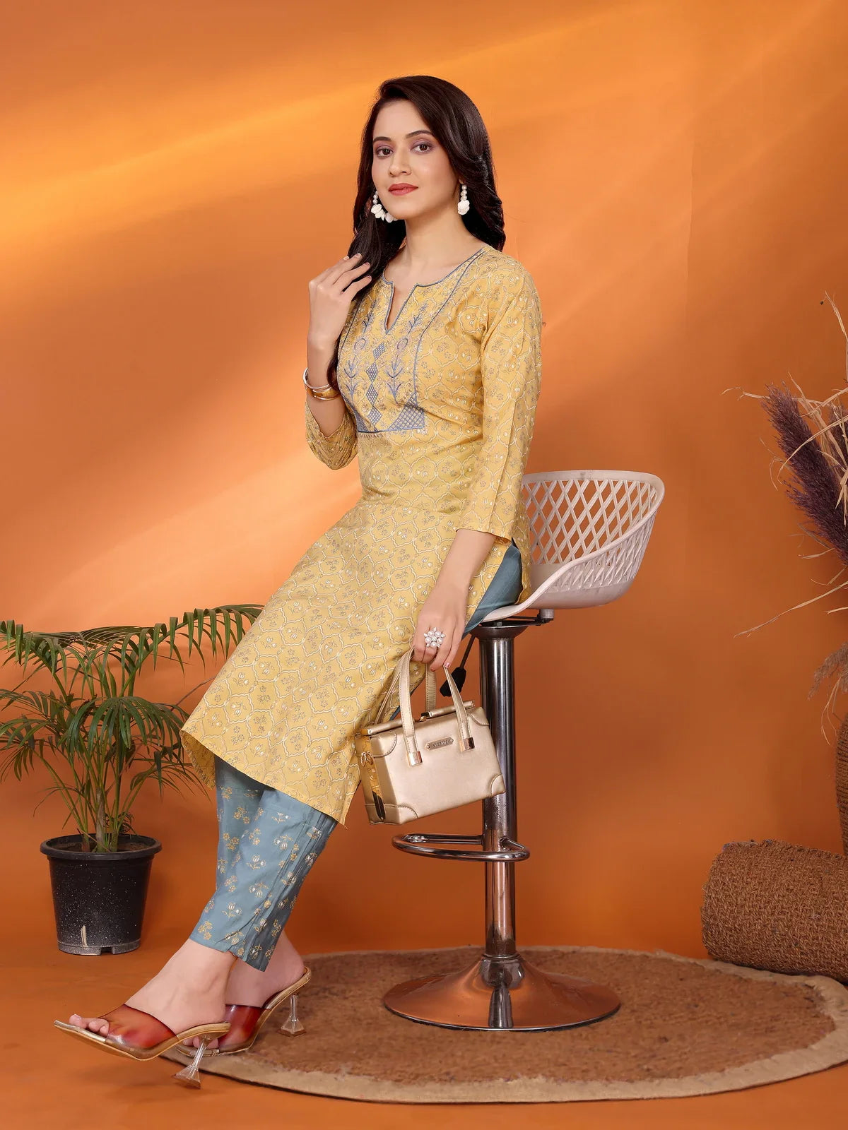 Buy Viscose Blend Embroidered Straight Calf Length Kurta with Pant-Yellow