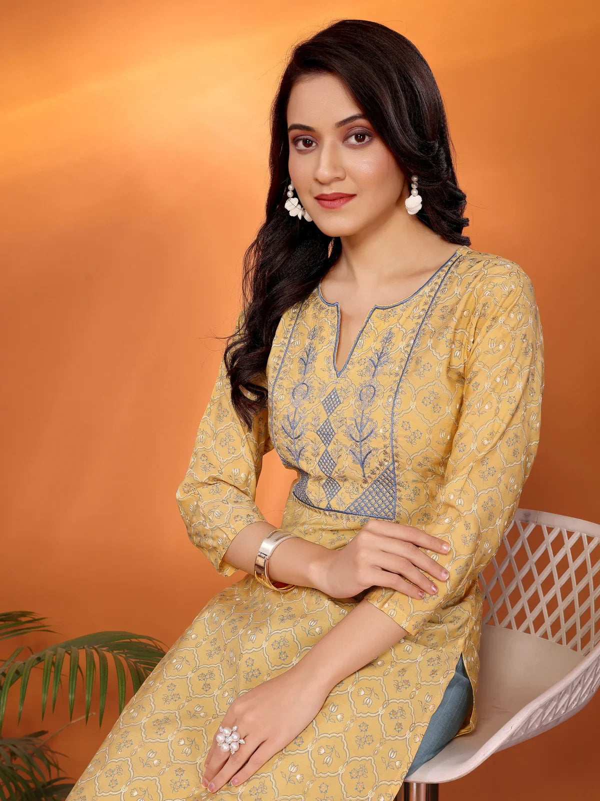 Buy Viscose Blend Embroidered Straight Calf Length Kurta with Pant-Yellow