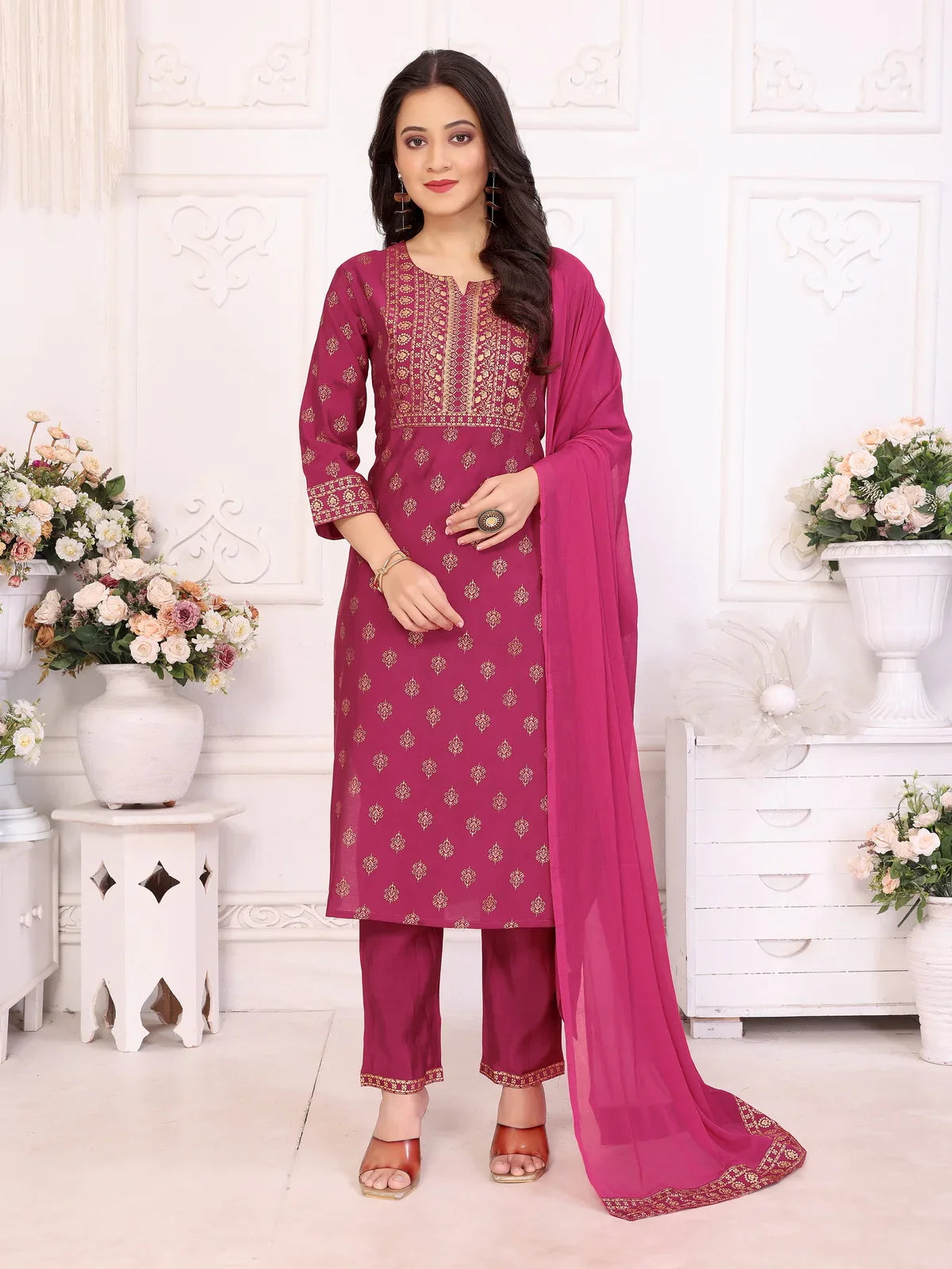 Buy Viscose Blend Printed Straight Calf Length Kurta with Pant and Dupatta-Magenta