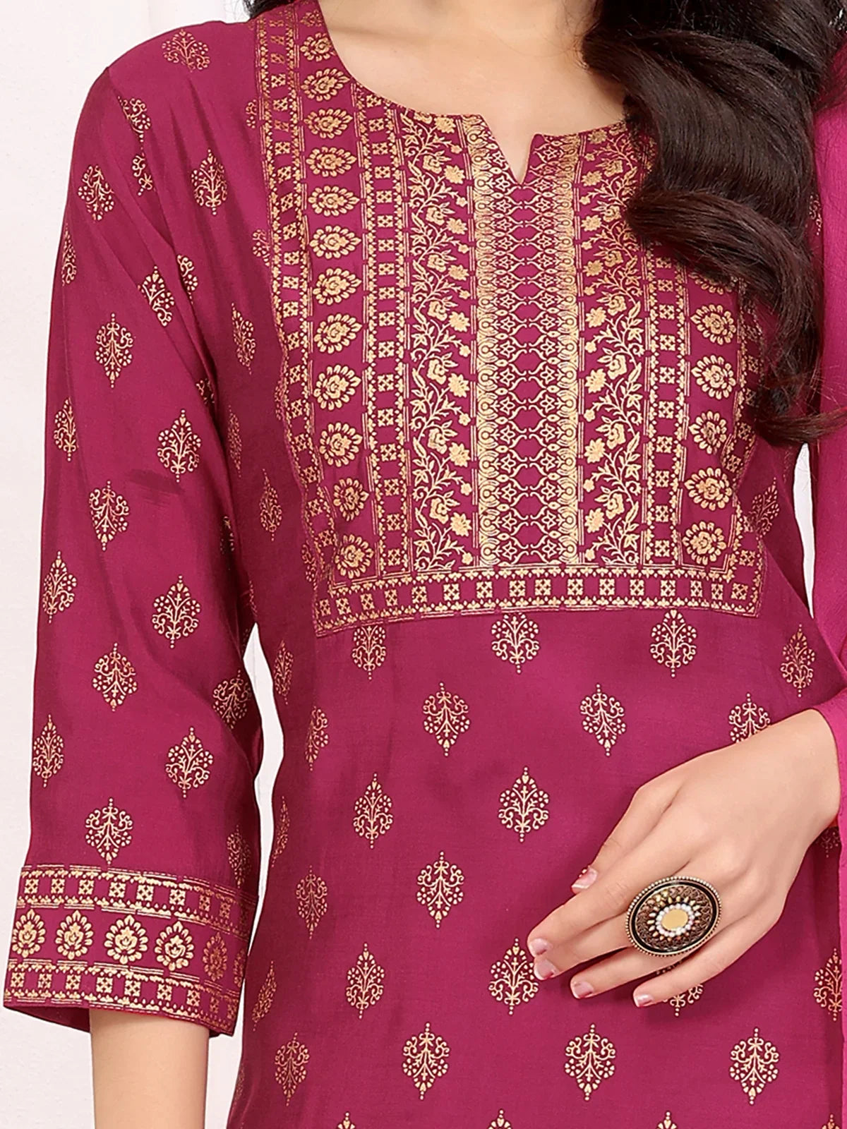 Buy Viscose Blend Printed Straight Calf Length Kurta with Pant and Dupatta-Magenta