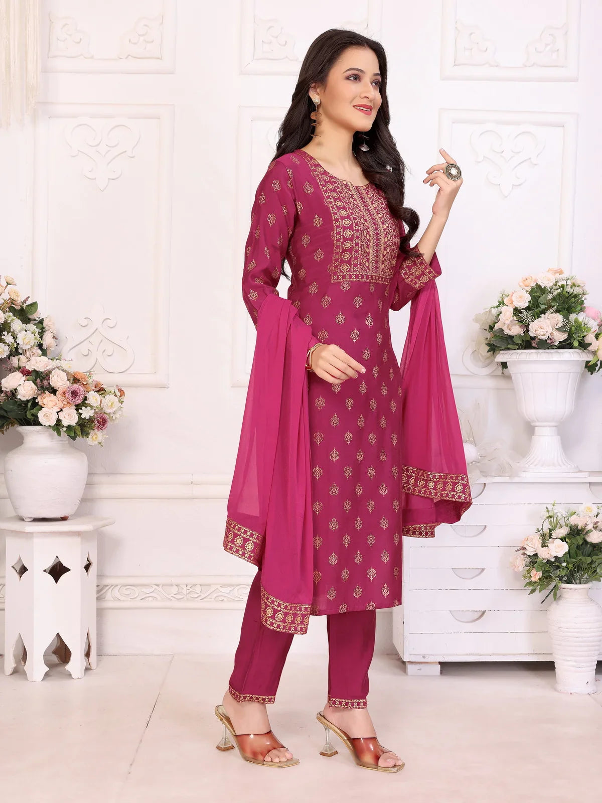 Buy Viscose Blend Printed Straight Calf Length Kurta with Pant and Dupatta-Magenta