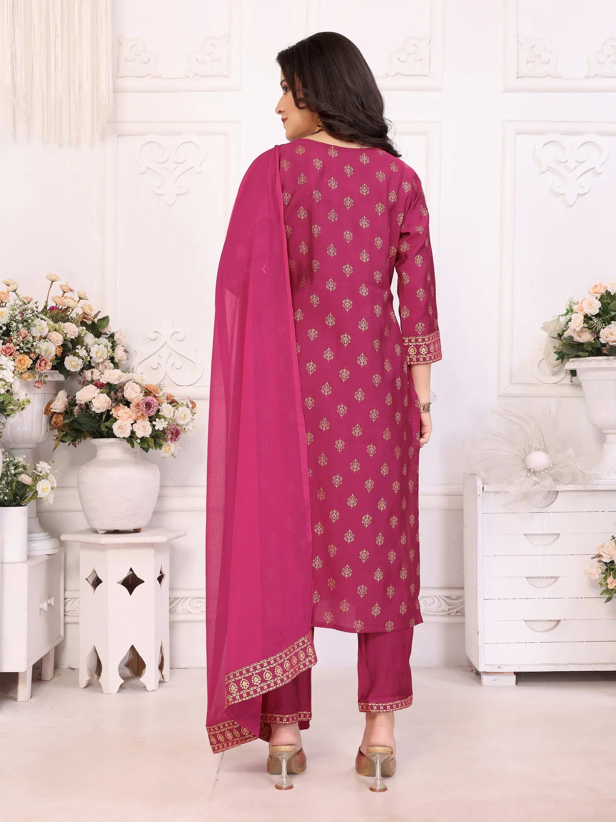 Buy Viscose Blend Printed Straight Calf Length Kurta with Pant and Dupatta-Magenta