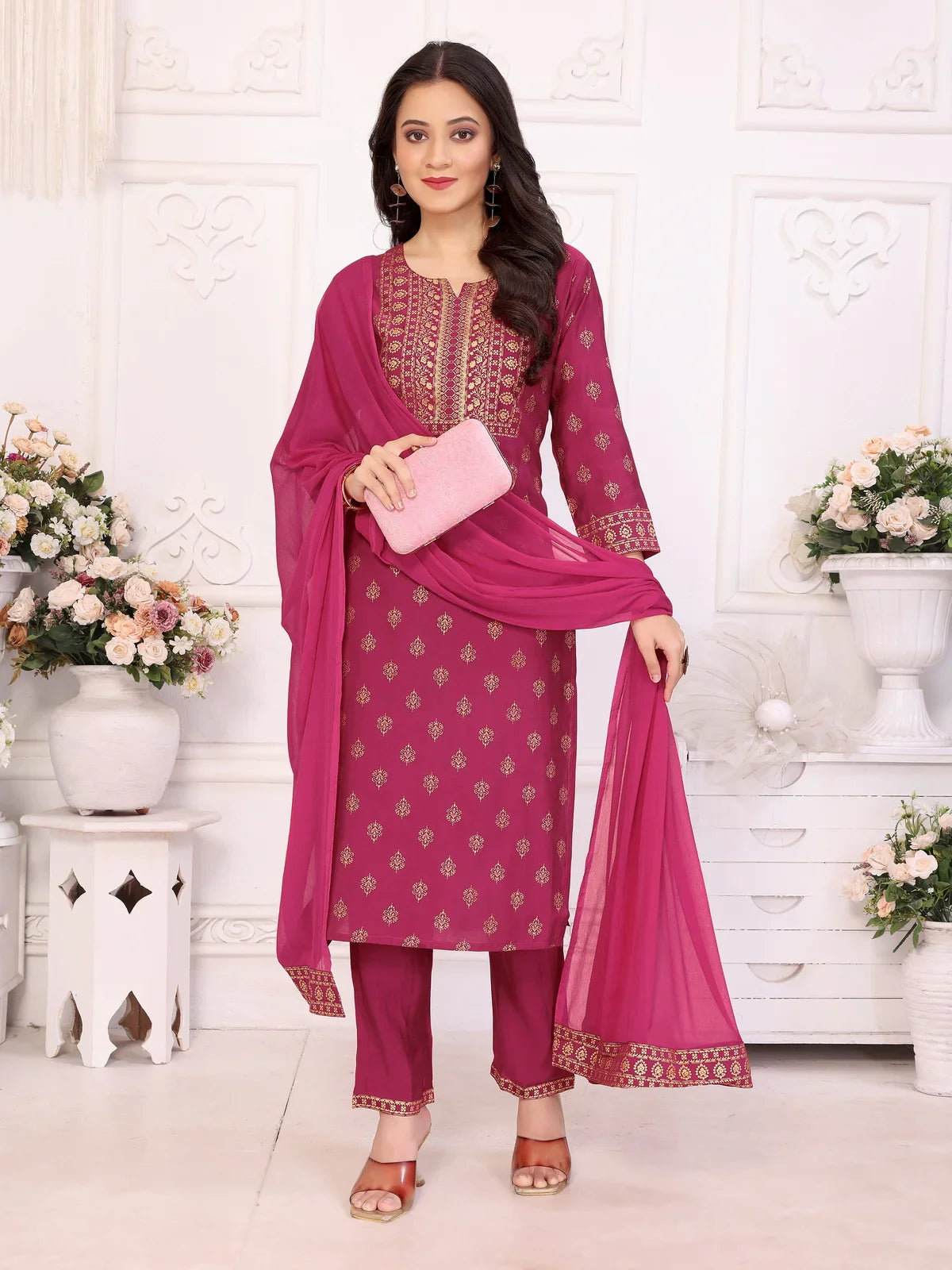 Buy Viscose Blend Printed Straight Calf Length Kurta with Pant and Dupatta-Magenta