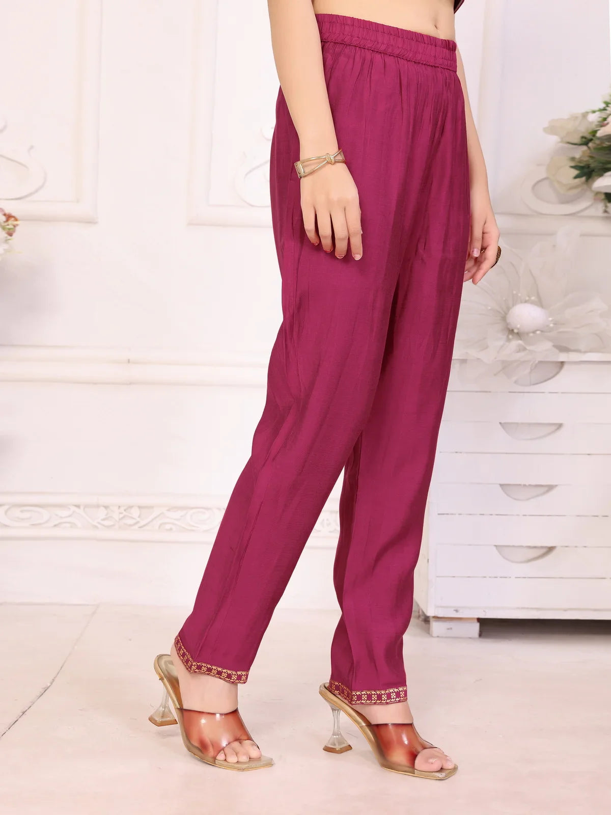 Buy Viscose Blend Printed Straight Calf Length Kurta with Pant and Dupatta-Magenta