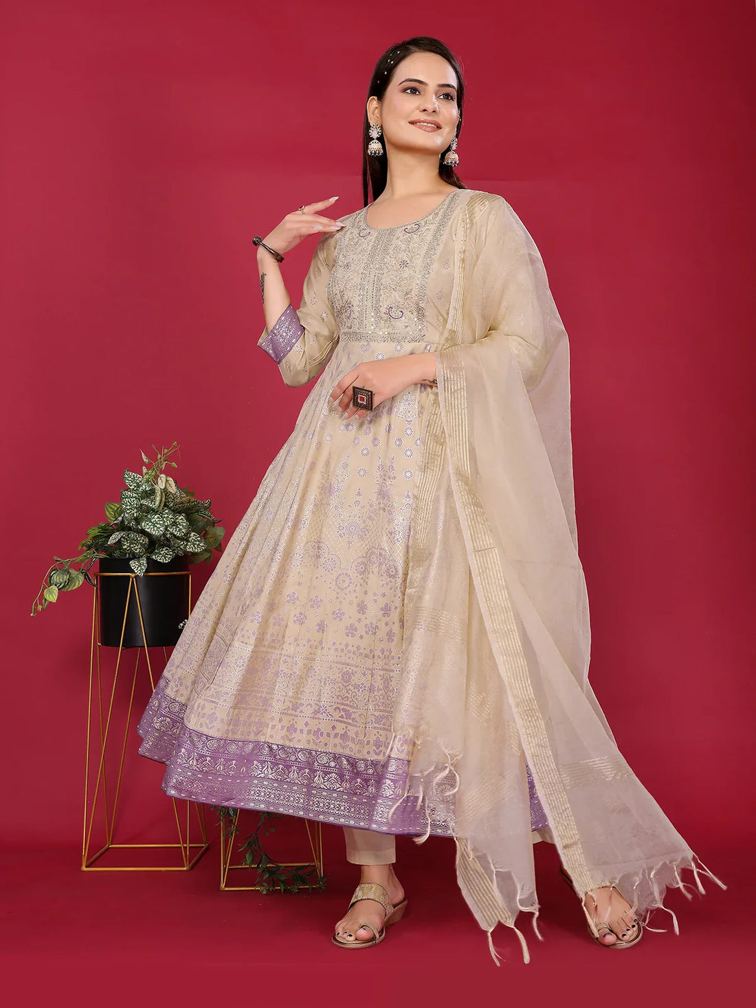 Buy Viscose Poly Embroidered Anarkali Calf Length Kurta with Pant and Dupatta-Beige