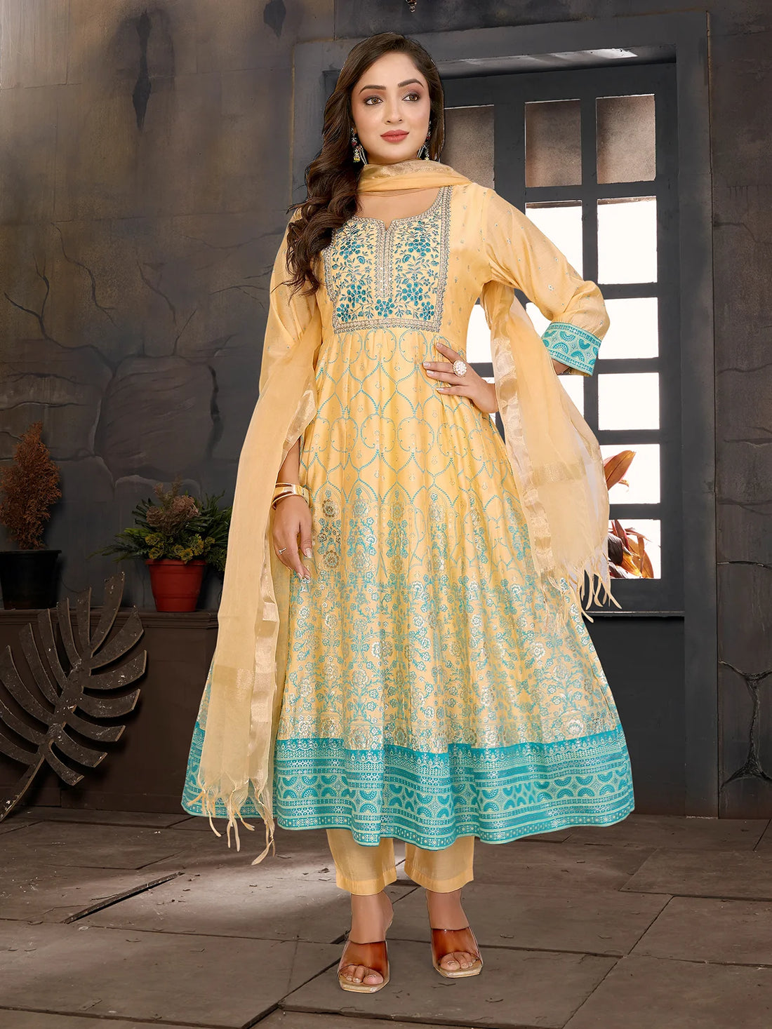 Buy Viscose Blend Embroidered Anarkali Calf Length Kurta with Pant and Dupatta-Yellow