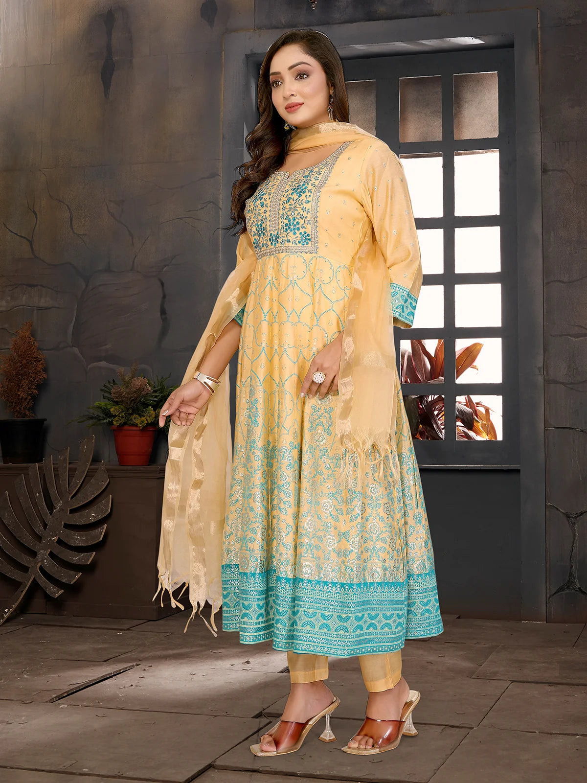 Buy Viscose Blend Embroidered Anarkali Calf Length Kurta with Pant and Dupatta-Yellow