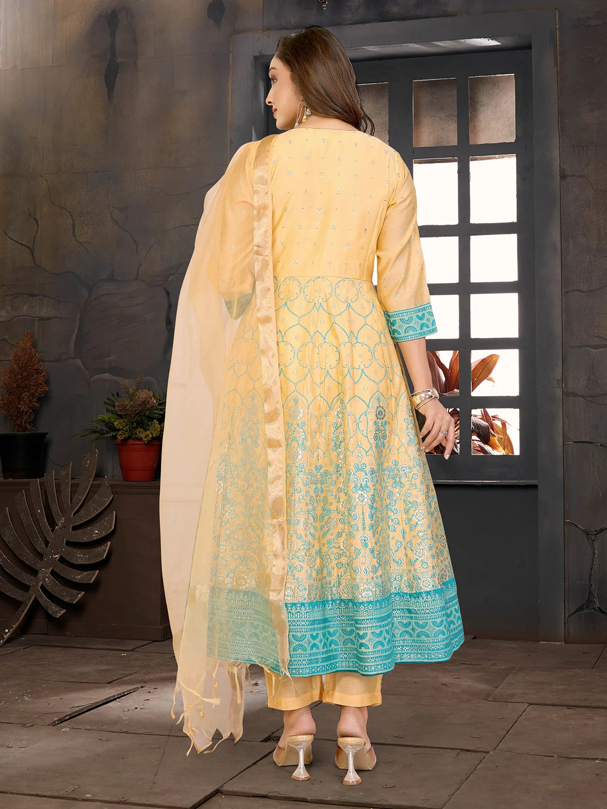 Buy Viscose Blend Embroidered Anarkali Calf Length Kurta with Pant and Dupatta-Yellow