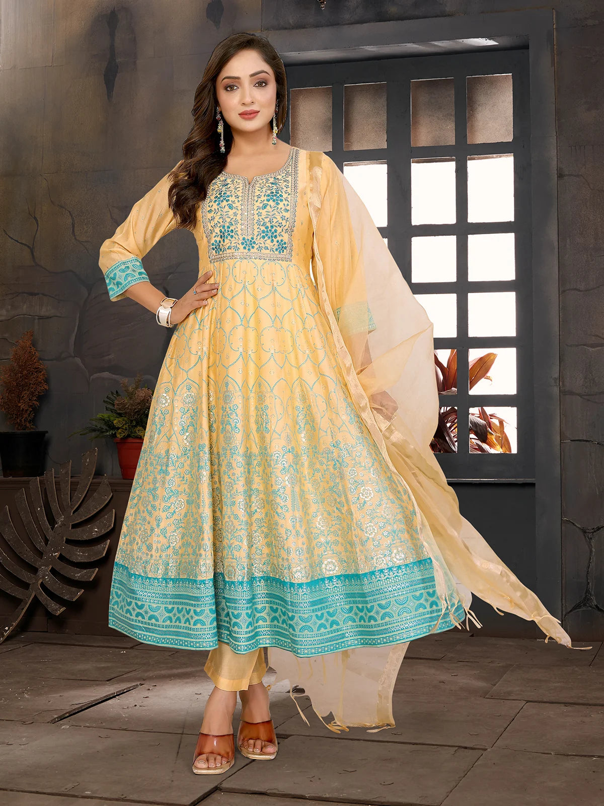 Buy Viscose Blend Embroidered Anarkali Calf Length Kurta with Pant and Dupatta-Yellow
