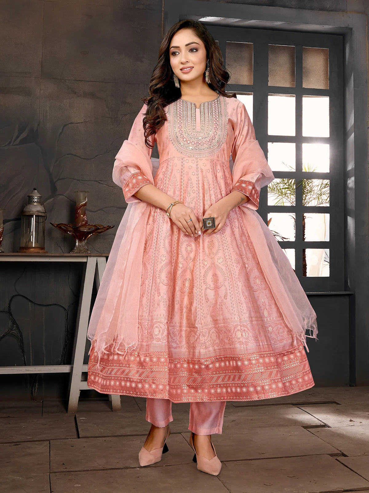 Buy Viscose Blend Embroidered Anarkali Calf Length Kurta with Pant and Dupatta-Peach