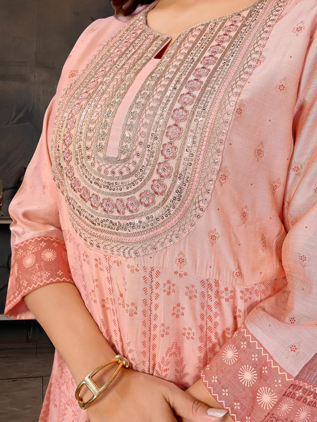 Buy Viscose Blend Embroidered Anarkali Calf Length Kurta with Pant and Dupatta-Peach