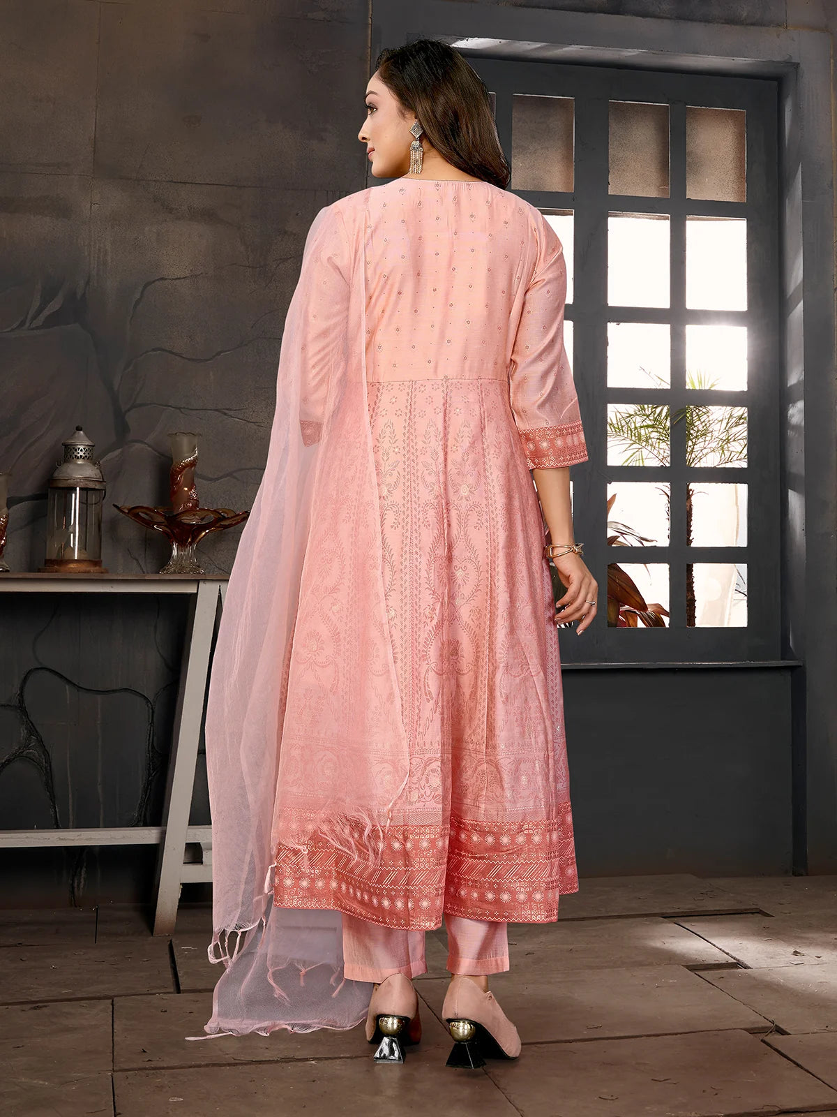 Buy Viscose Blend Embroidered Anarkali Calf Length Kurta with Pant and Dupatta-Peach