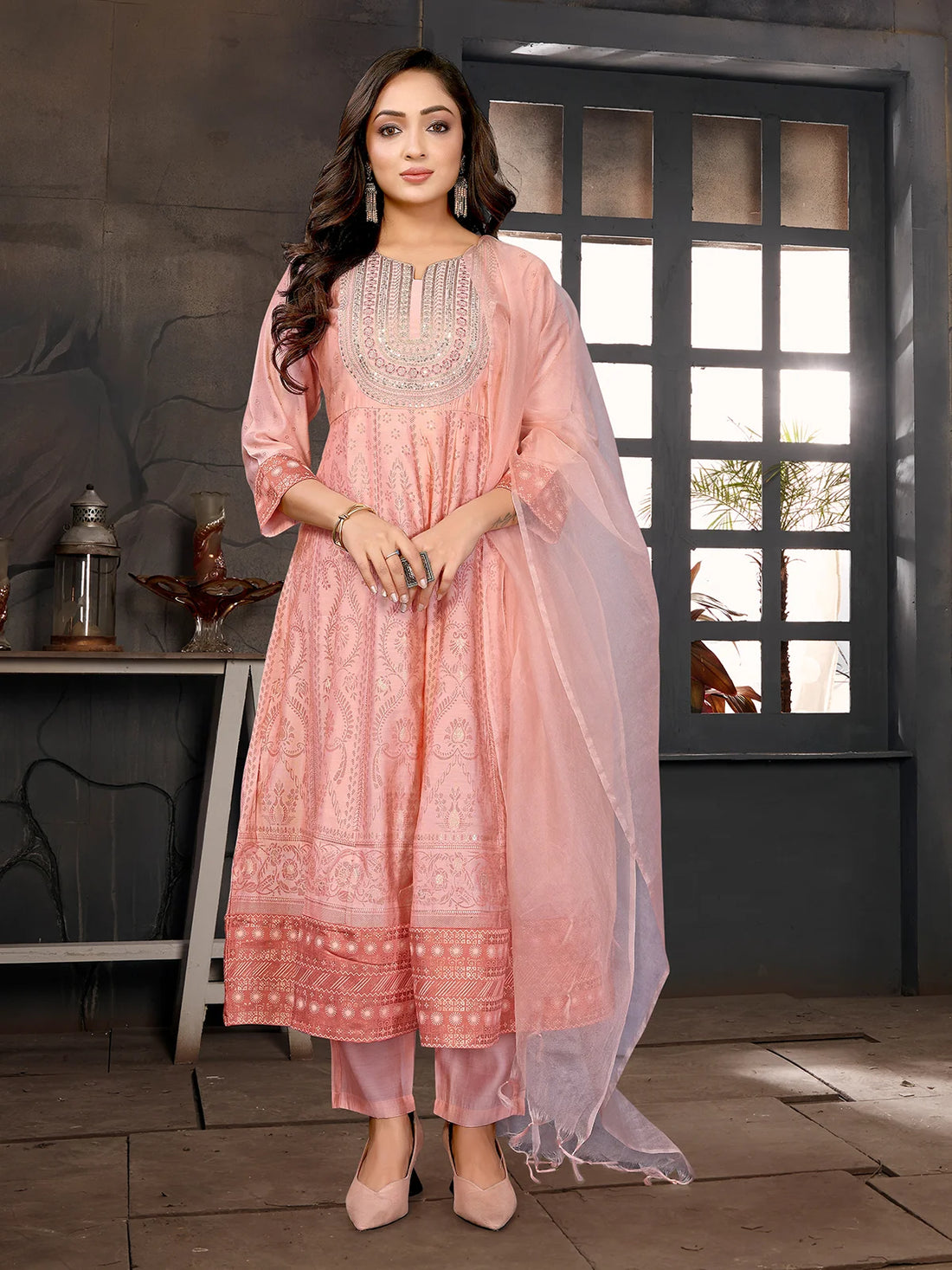 Buy Viscose Blend Embroidered Anarkali Calf Length Kurta with Pant and Dupatta-Peach