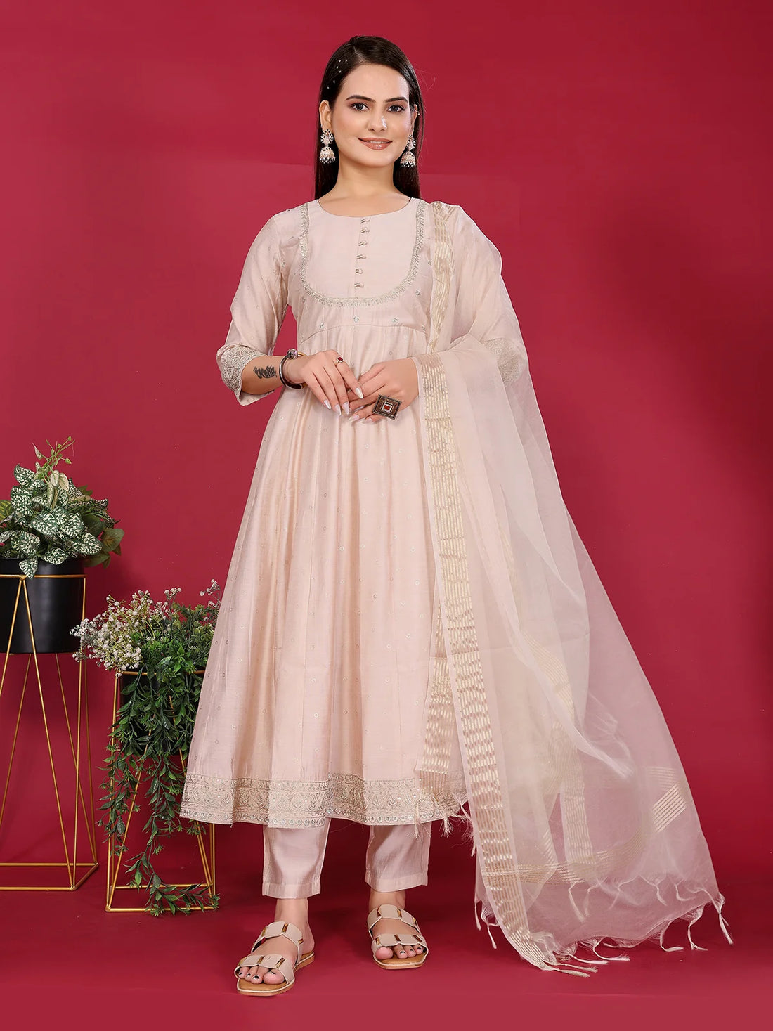 Buy Viscose Poly Embroidered Anarkali Calf Length Kurta with Pant and Dupatta-Beige