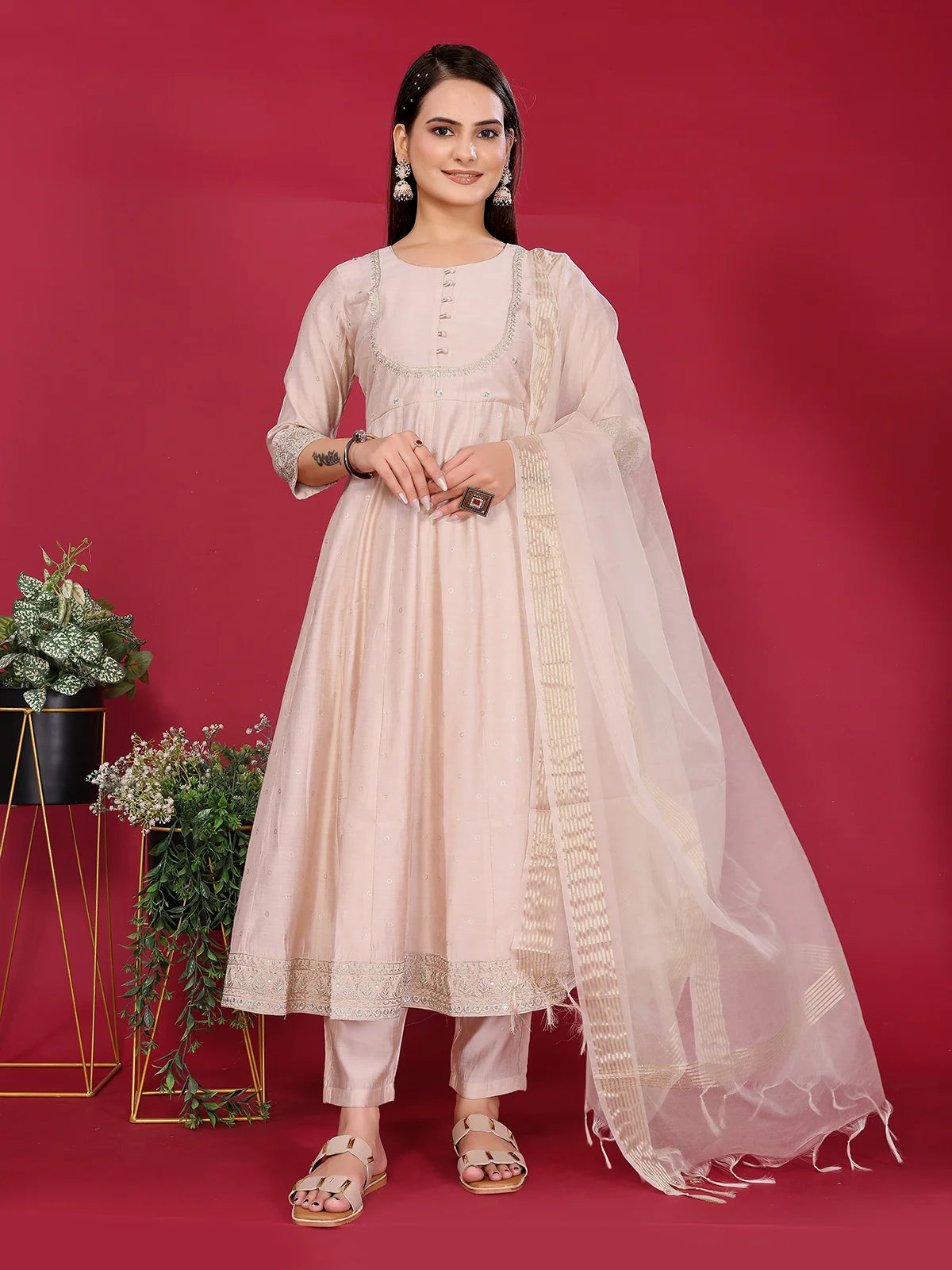 Buy Viscose Poly Embroidered Anarkali Calf Length Kurta with Pant and Dupatta-Beige