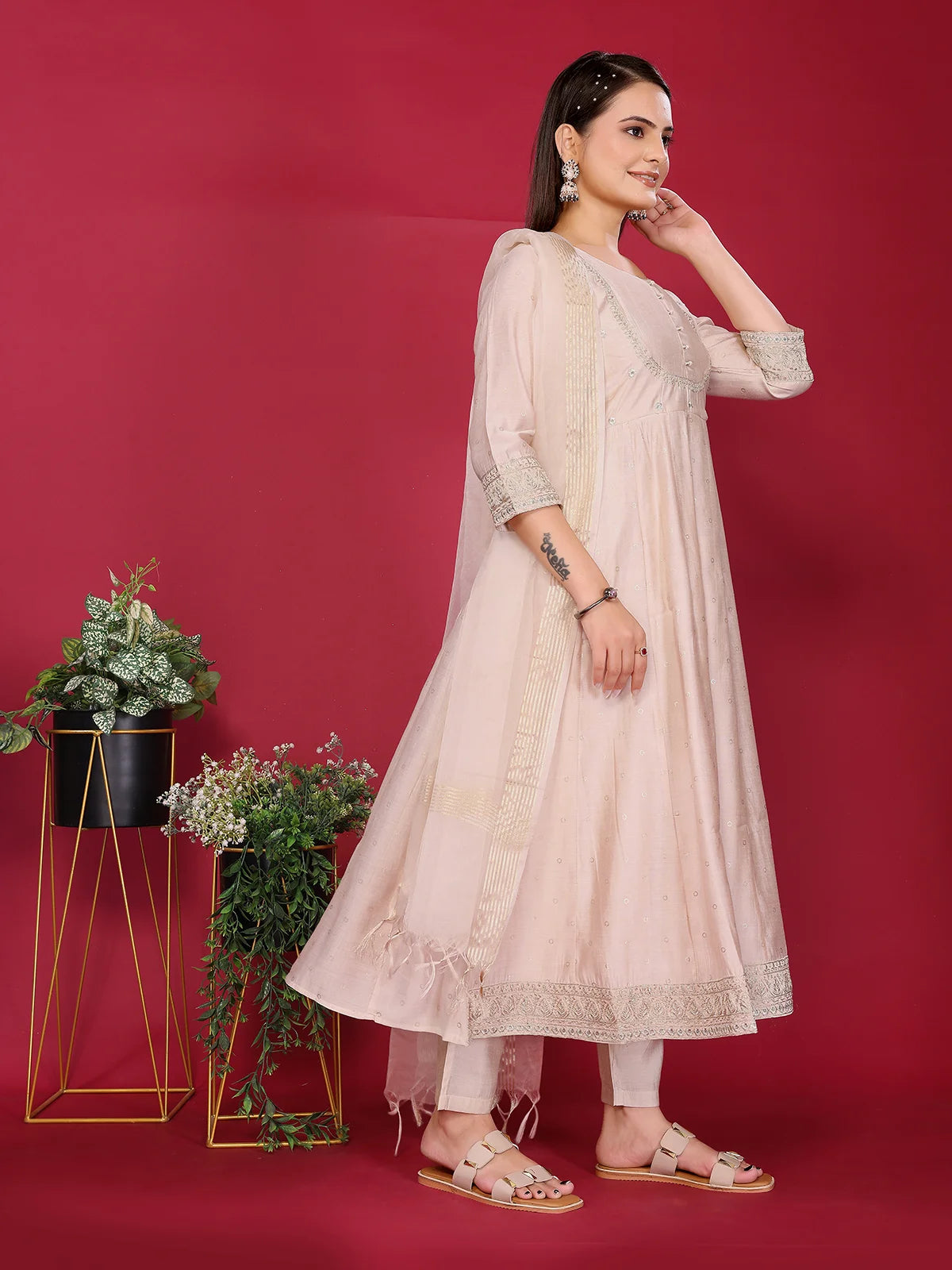Buy Viscose Poly Embroidered Anarkali Calf Length Kurta with Pant and Dupatta-Beige