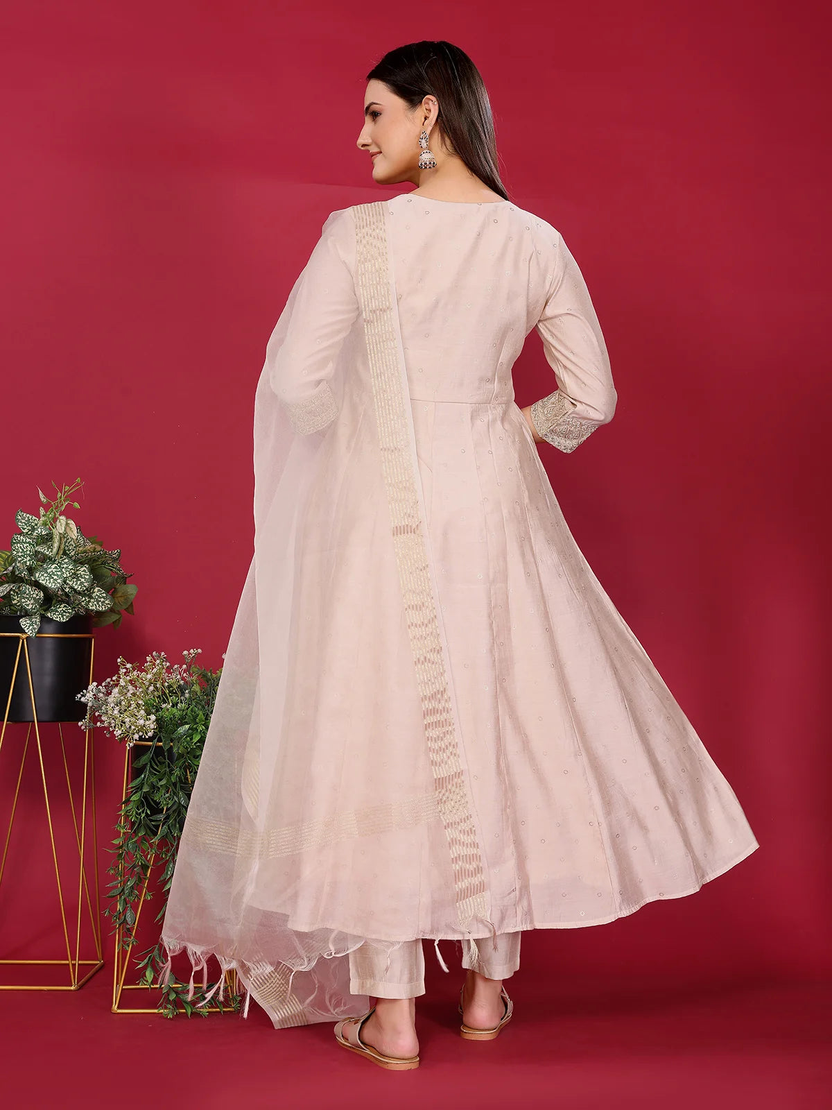 Buy Viscose Poly Embroidered Anarkali Calf Length Kurta with Pant and Dupatta-Beige