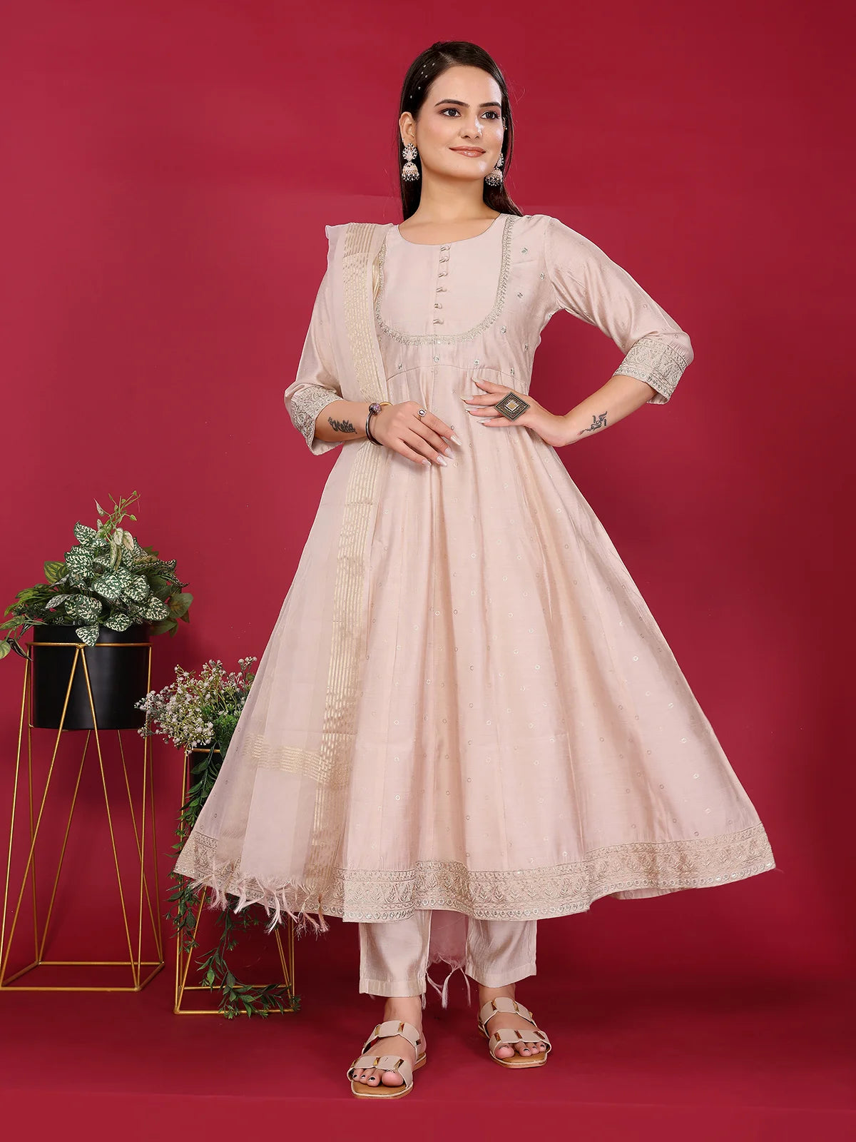 Buy Viscose Poly Embroidered Anarkali Calf Length Kurta with Pant and Dupatta-Beige