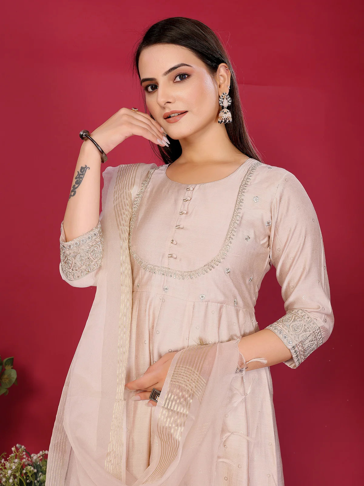 Buy Viscose Poly Embroidered Anarkali Calf Length Kurta with Pant and Dupatta-Beige