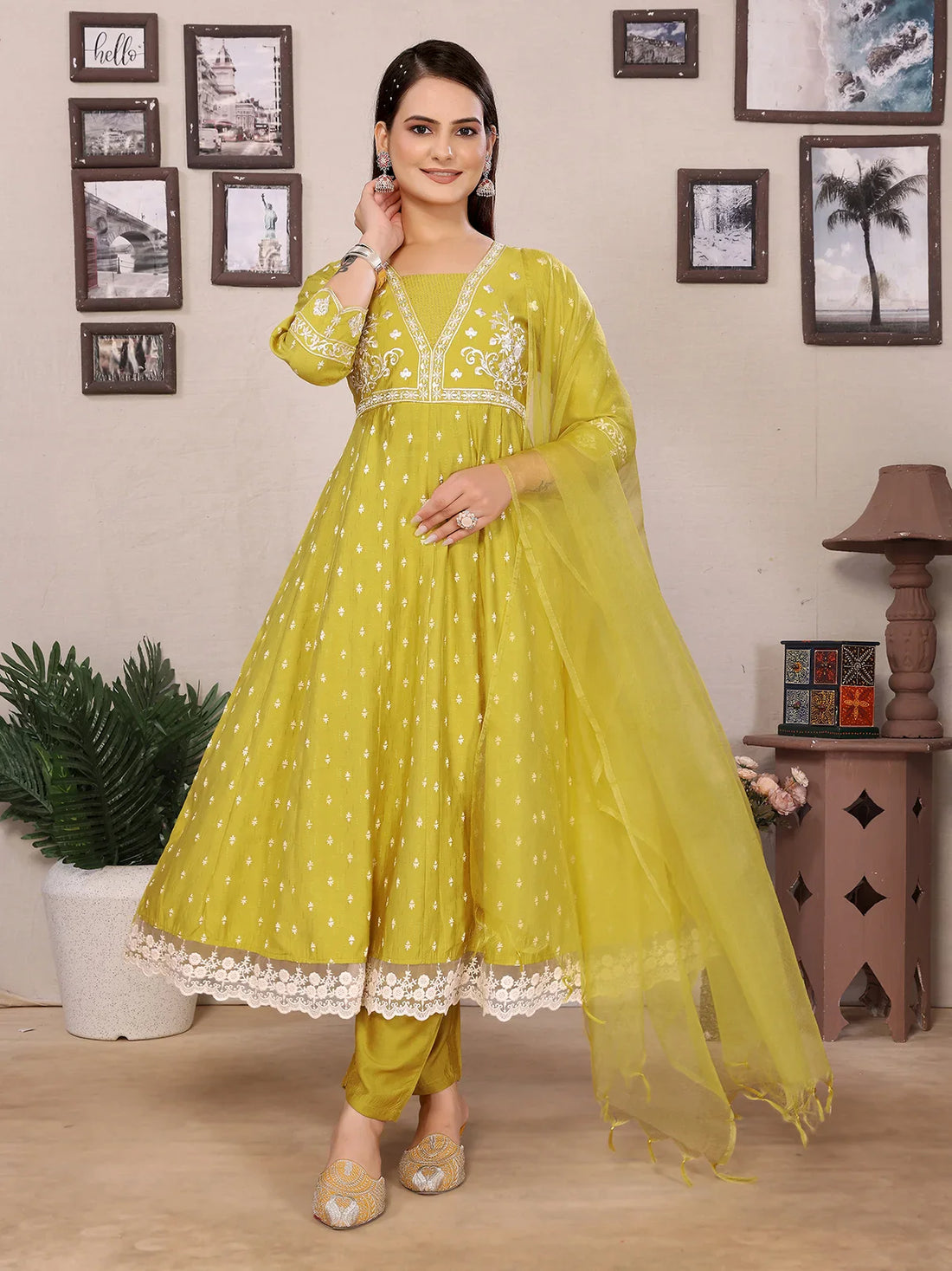 Buy Viscose Poly Embroidered Anarkali Calf Length Kurta with Pant and Dupatta-Mustard