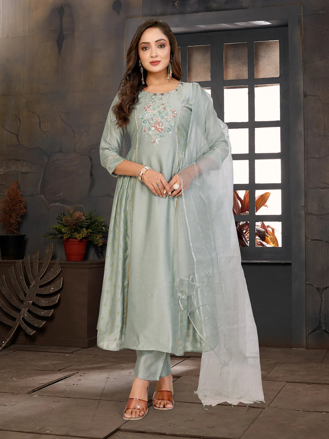 Buy Viscose Blend Embroidered Flared Calf Length Kurta with Pant and Dupatta-Green