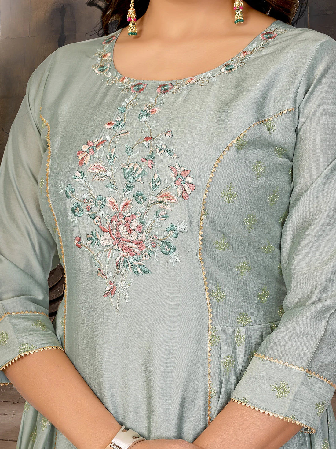 Buy Viscose Blend Embroidered Flared Calf Length Kurta with Pant and Dupatta-Green