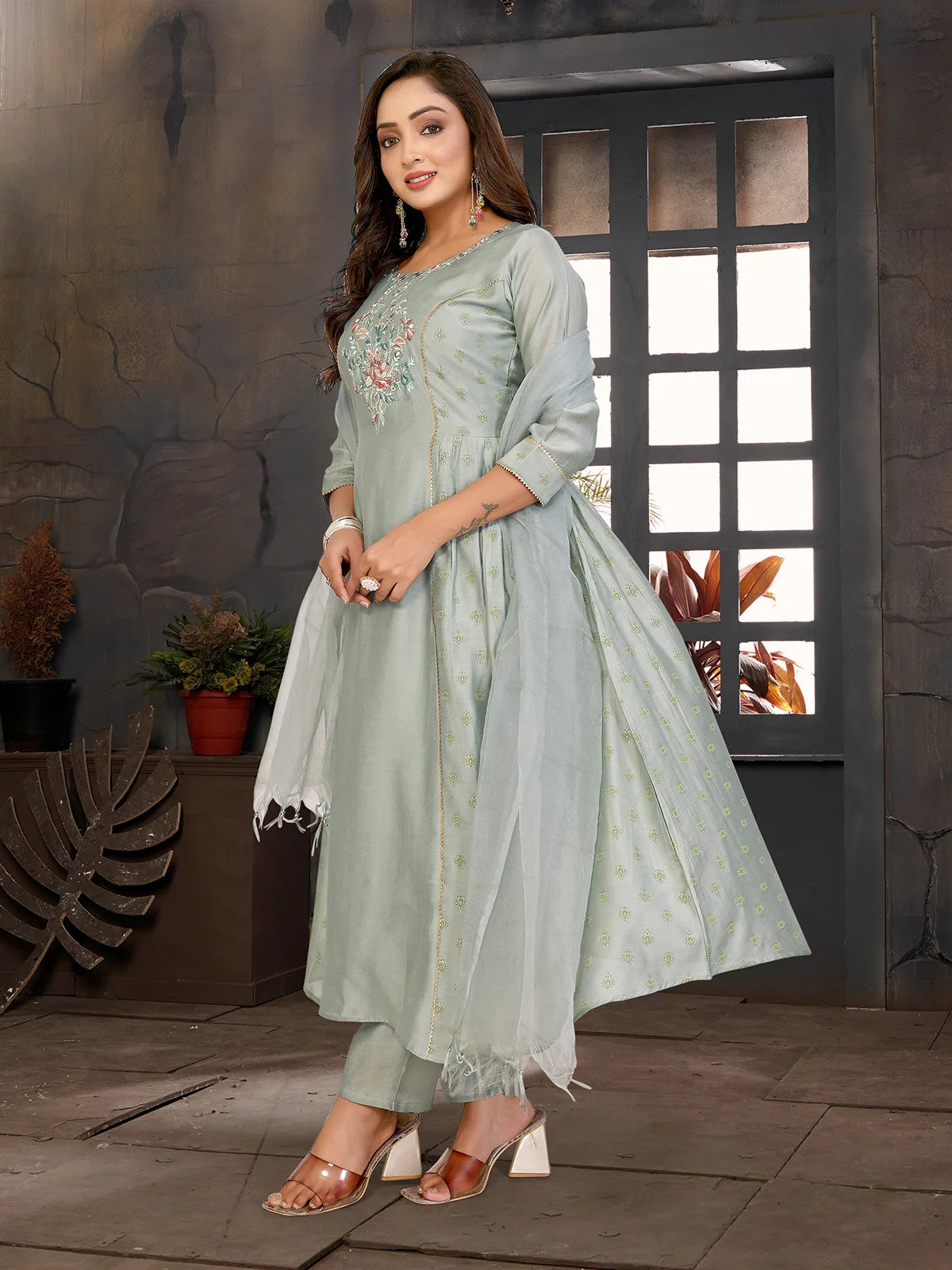 Buy Viscose Blend Embroidered Flared Calf Length Kurta with Pant and Dupatta-Green