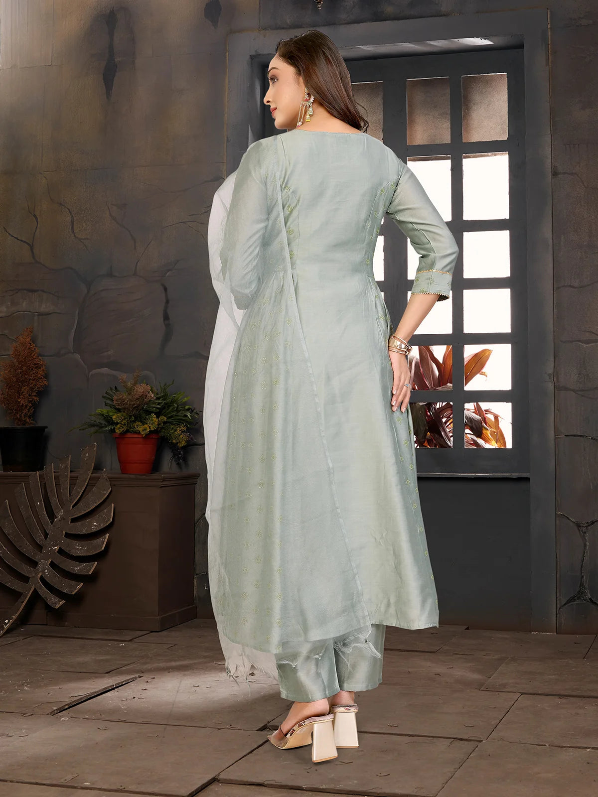 Buy Viscose Blend Embroidered Flared Calf Length Kurta with Pant and Dupatta-Green