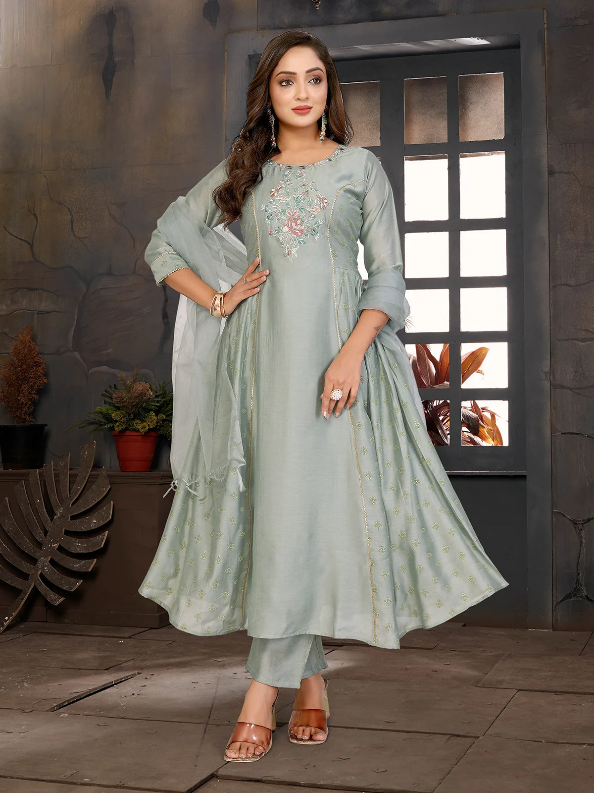 Buy Viscose Blend Embroidered Flared Calf Length Kurta with Pant and Dupatta-Green