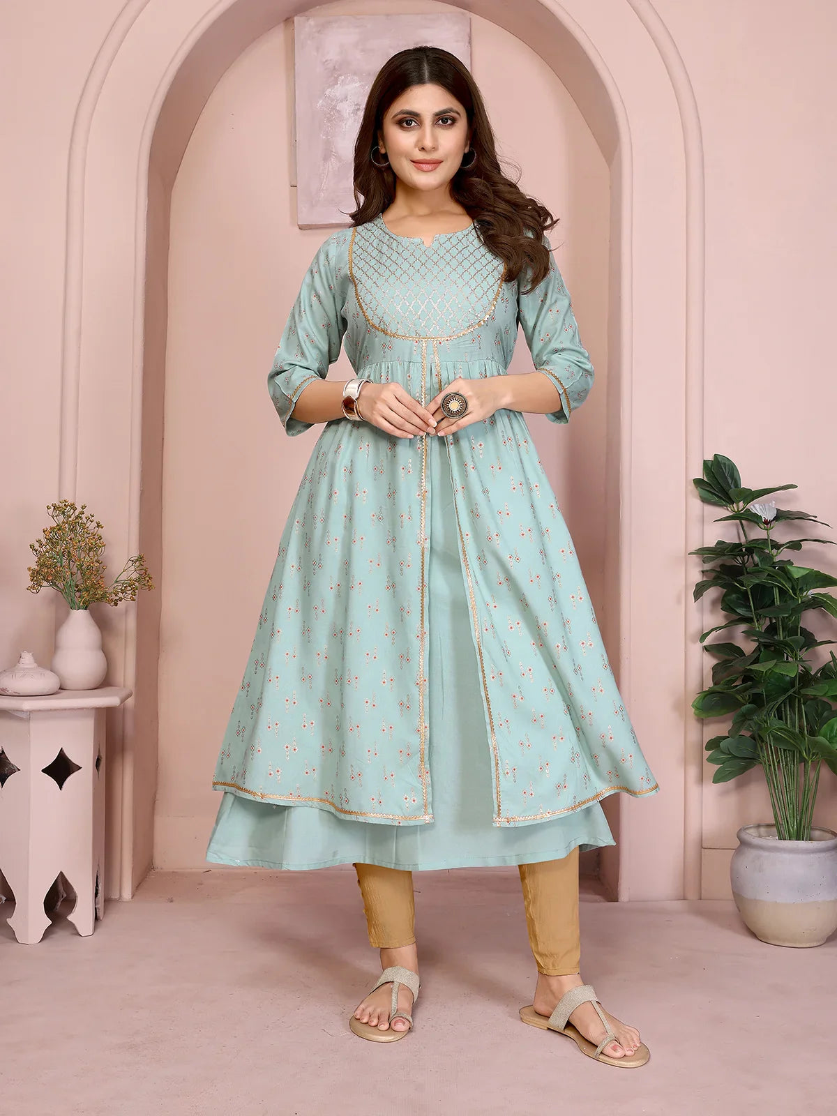 Buy Rayon Embellished Flared Calf Length Kurta-Light Green