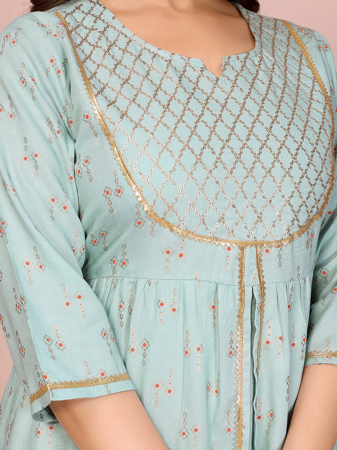 Buy Rayon Embellished Flared Calf Length Kurta-Light Green