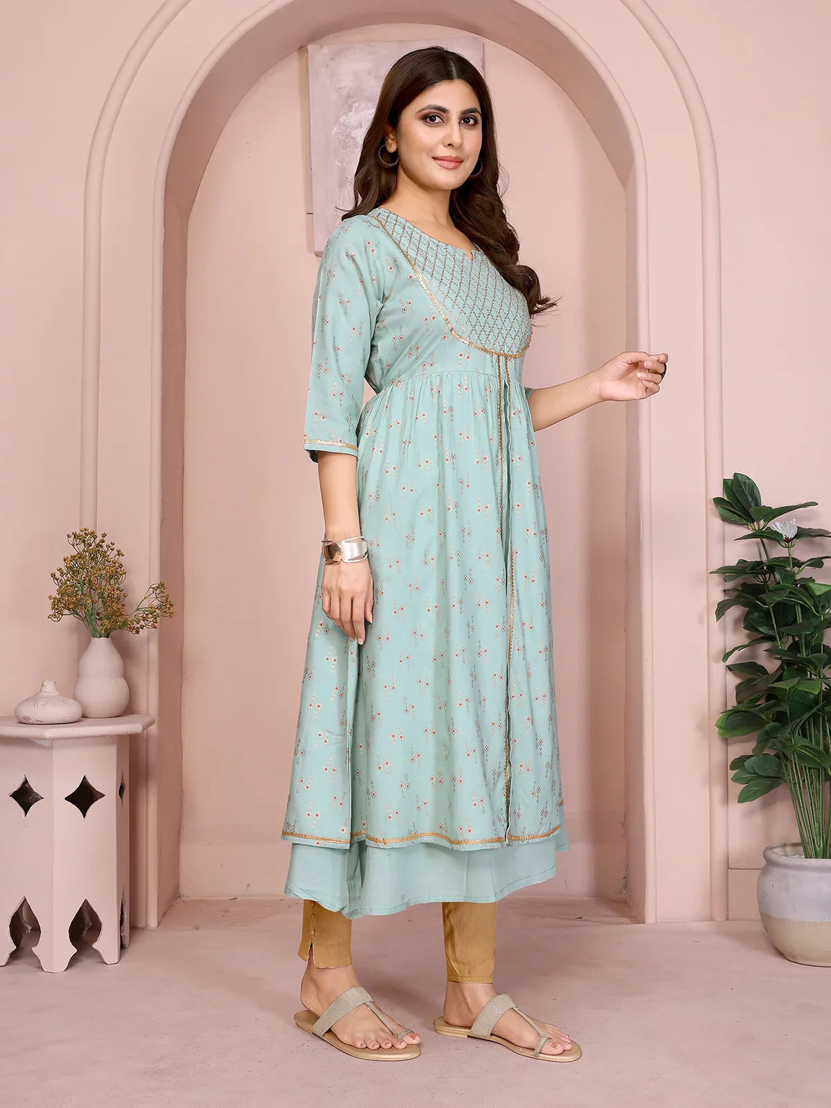 Buy Rayon Embellished Flared Calf Length Kurta-Light Green