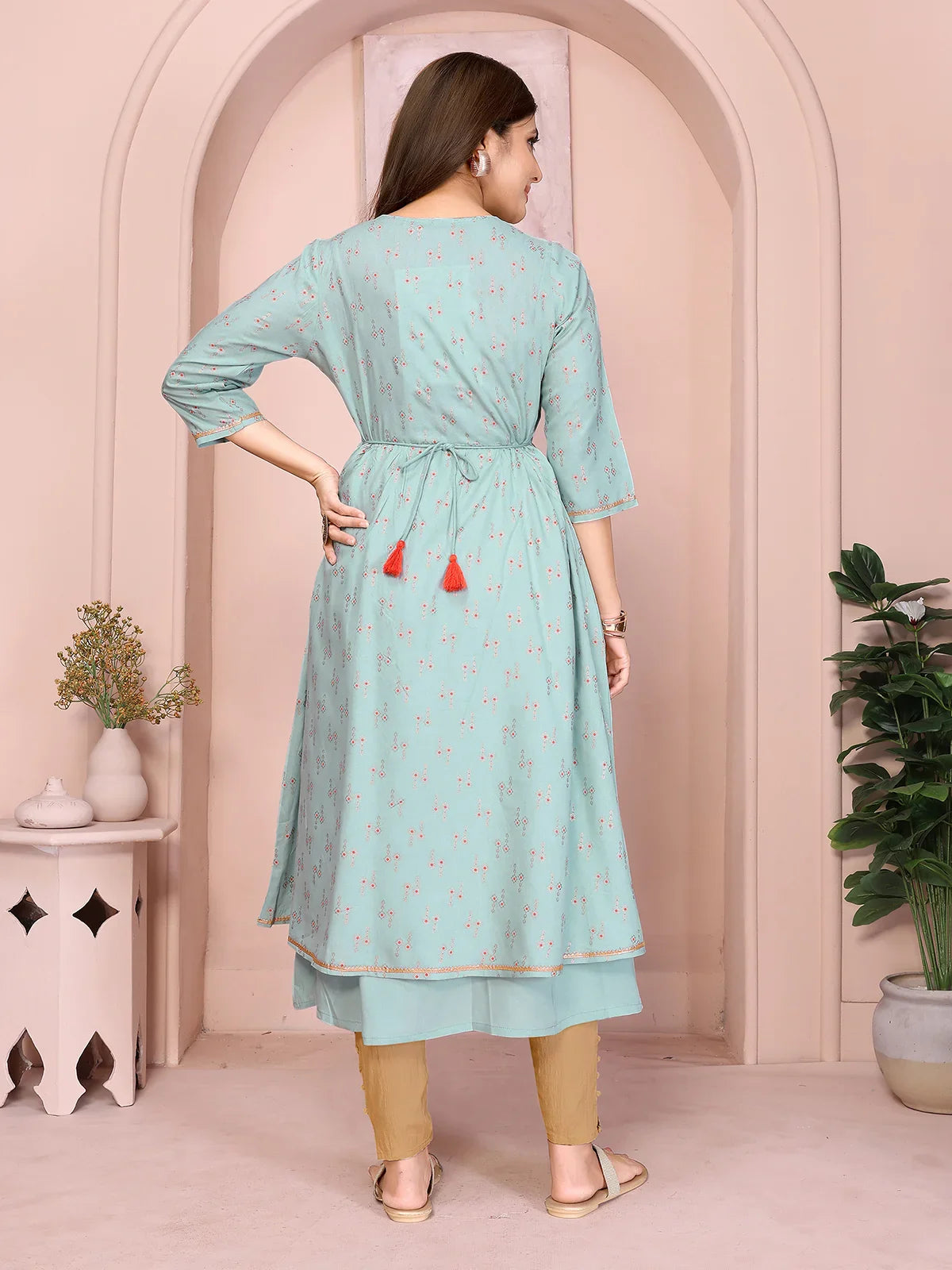Buy Rayon Embellished Flared Calf Length Kurta-Light Green