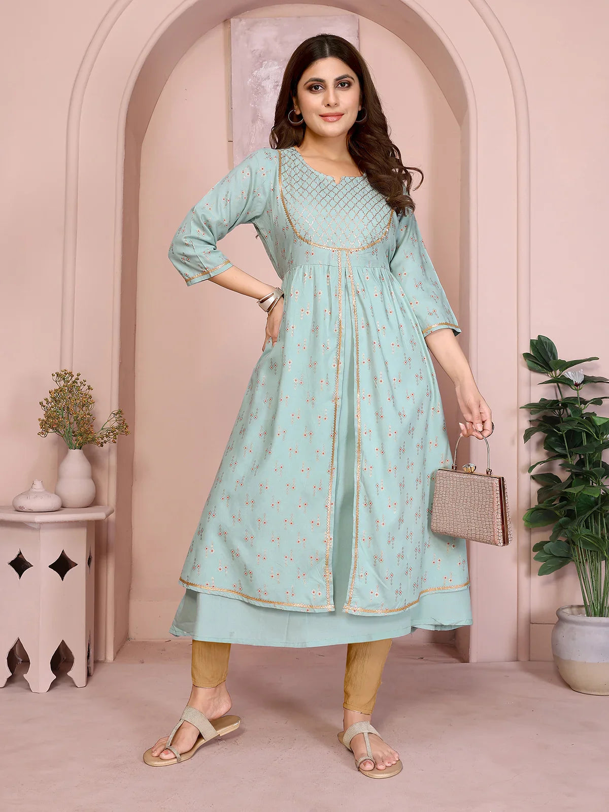 Buy Rayon Embellished Flared Calf Length Kurta-Light Green
