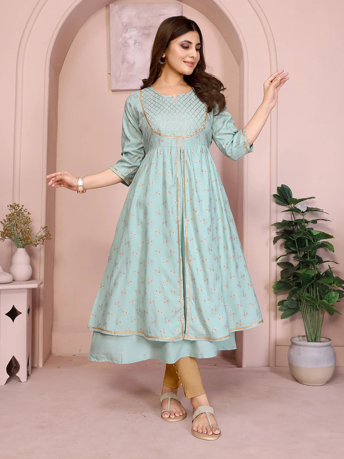 Buy Rayon Embellished Flared Calf Length Kurta-Light Green