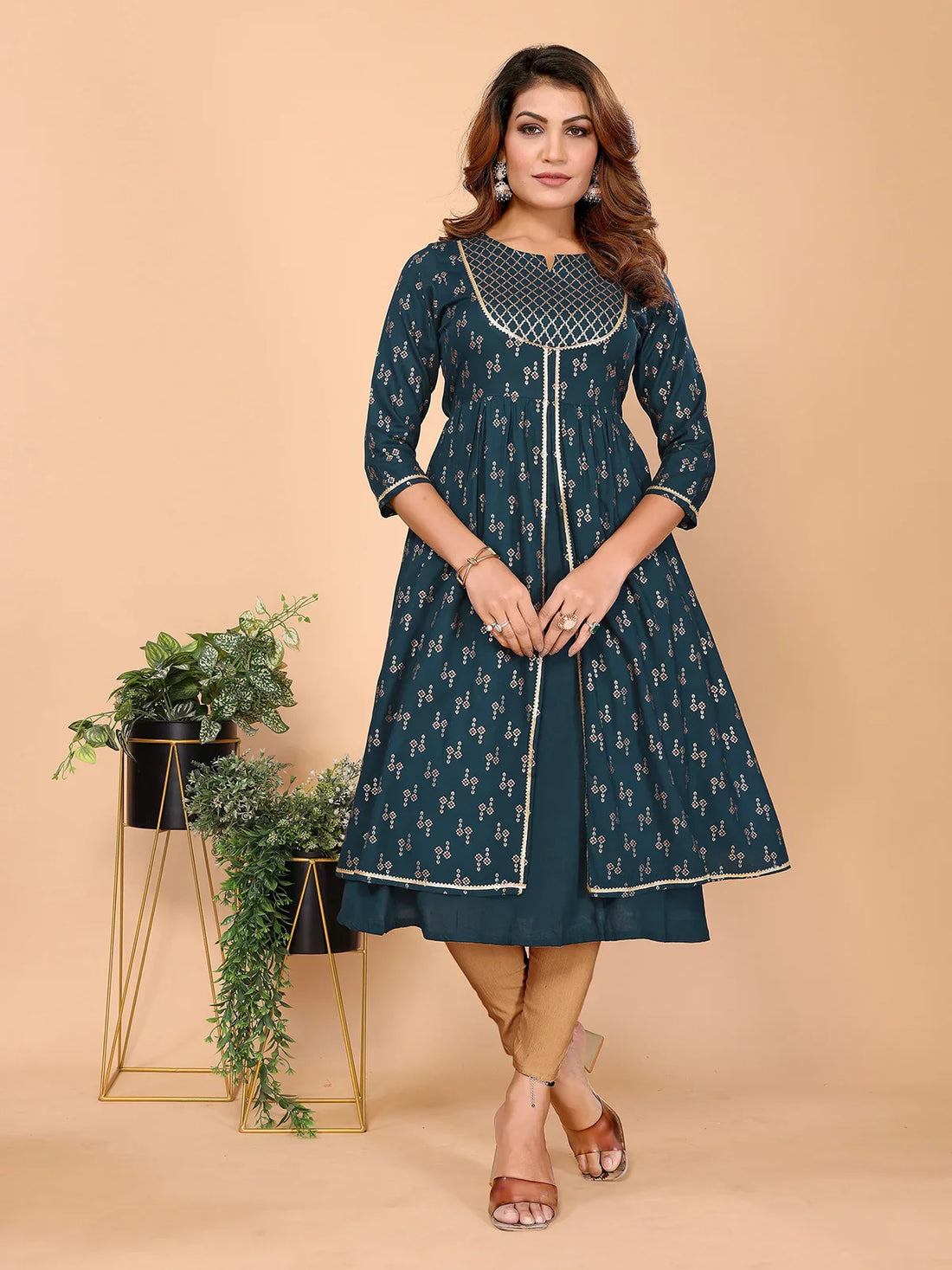 Buy Rayon Embellished Flared Calf Length Kurta-Teal