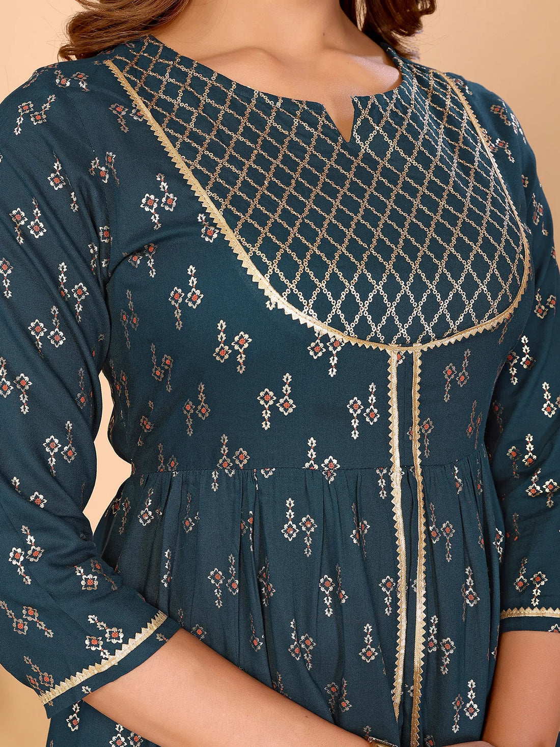 Buy Rayon Embellished Flared Calf Length Kurta-Teal