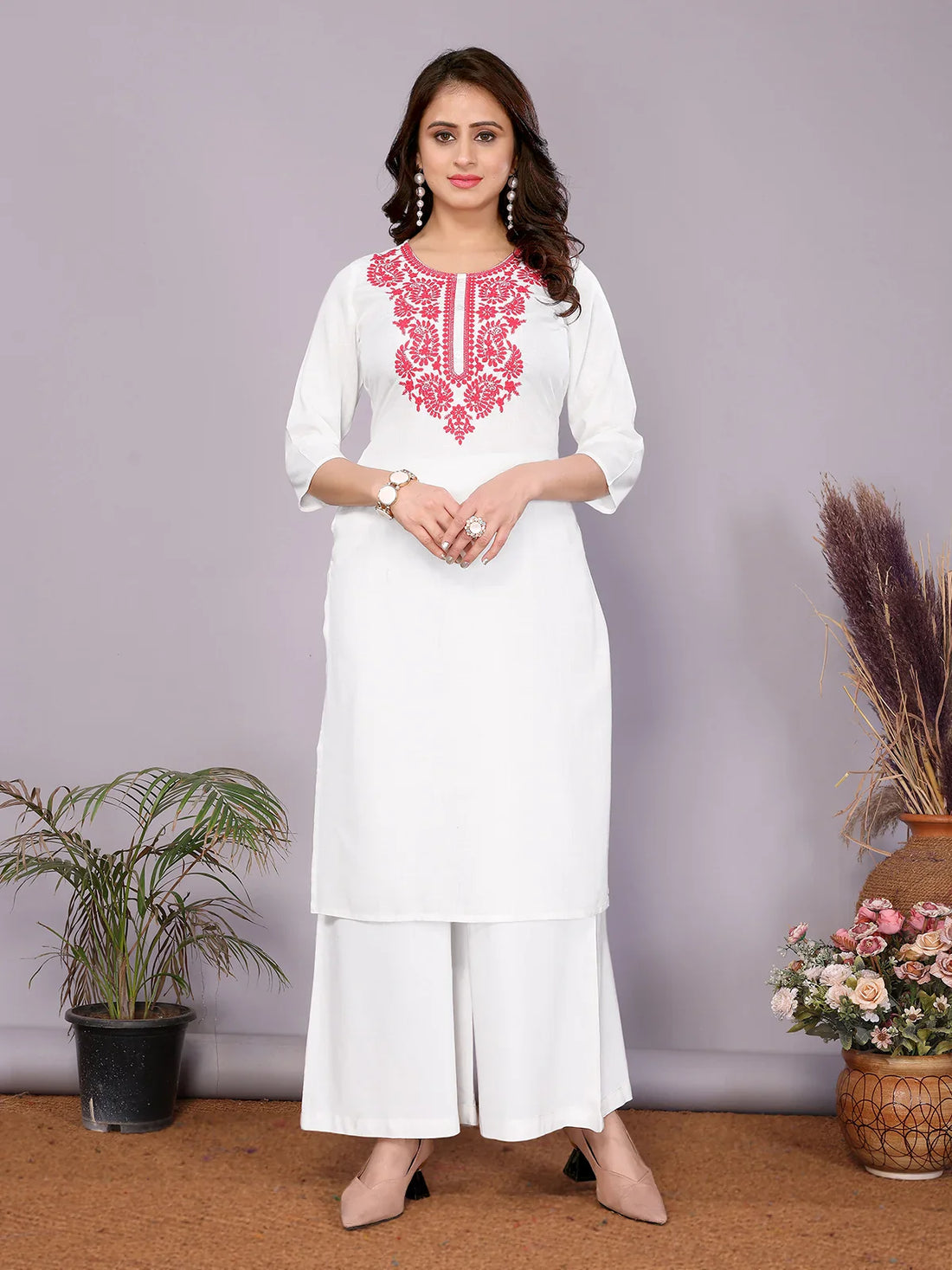 Buy Rayon Embroidered Straight Calf Length Kurta-White