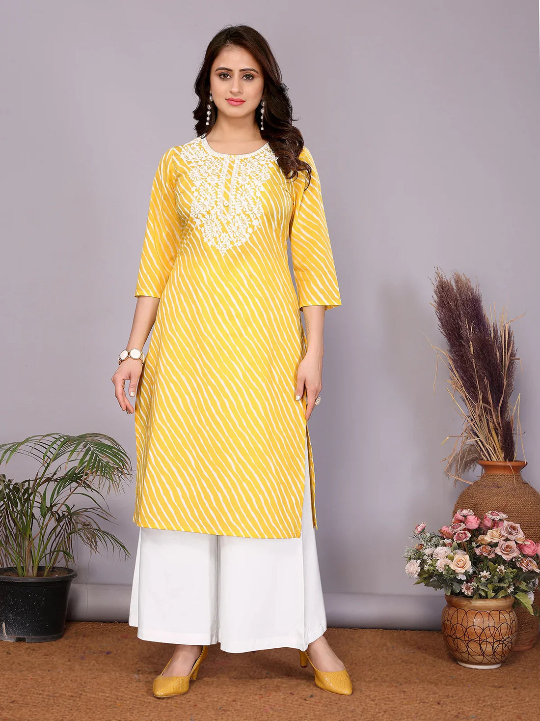 Buy Cotton Embroidered Straight Calf Length Kurta-Yellow