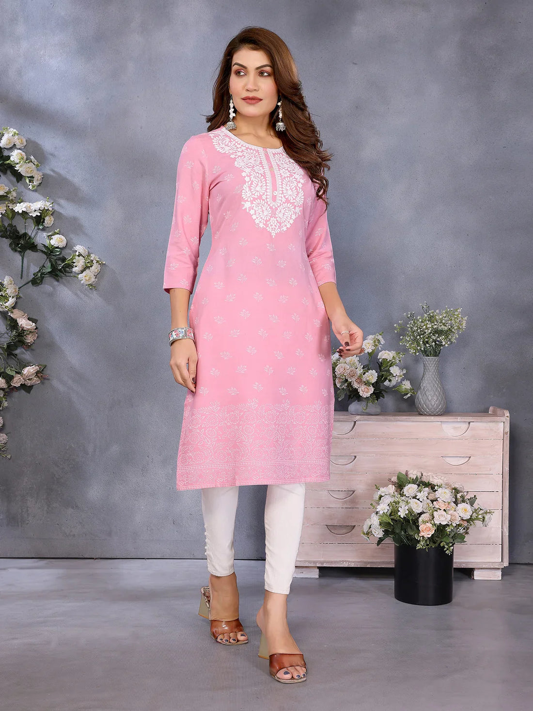 Buy Rayon Embroidered Straight Calf Length Kurta-Pink