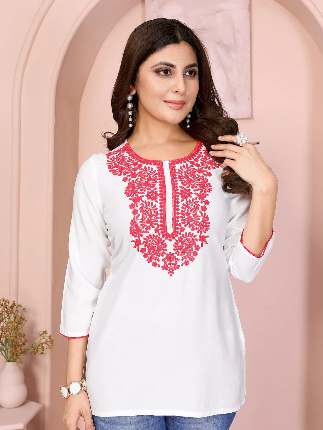Buy Rayon Embroidered Straight Short Length Kurti-Off White