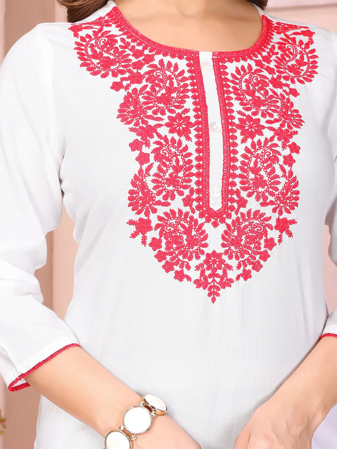 Buy Rayon Embroidered Straight Short Length Kurti-Off White
