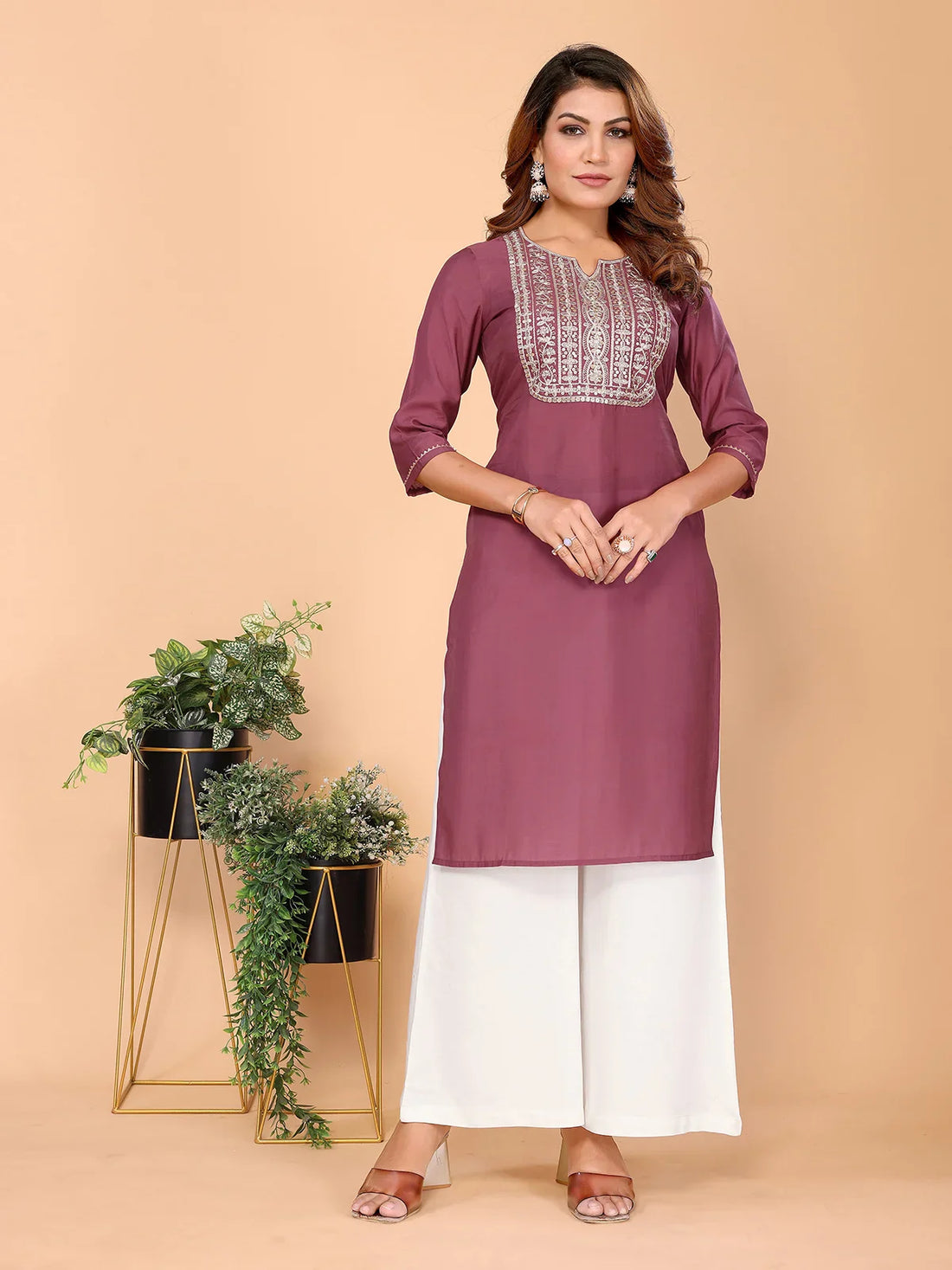 Buy Viscose Poly Embroidered Straight Calf Length Kurta-Mauve