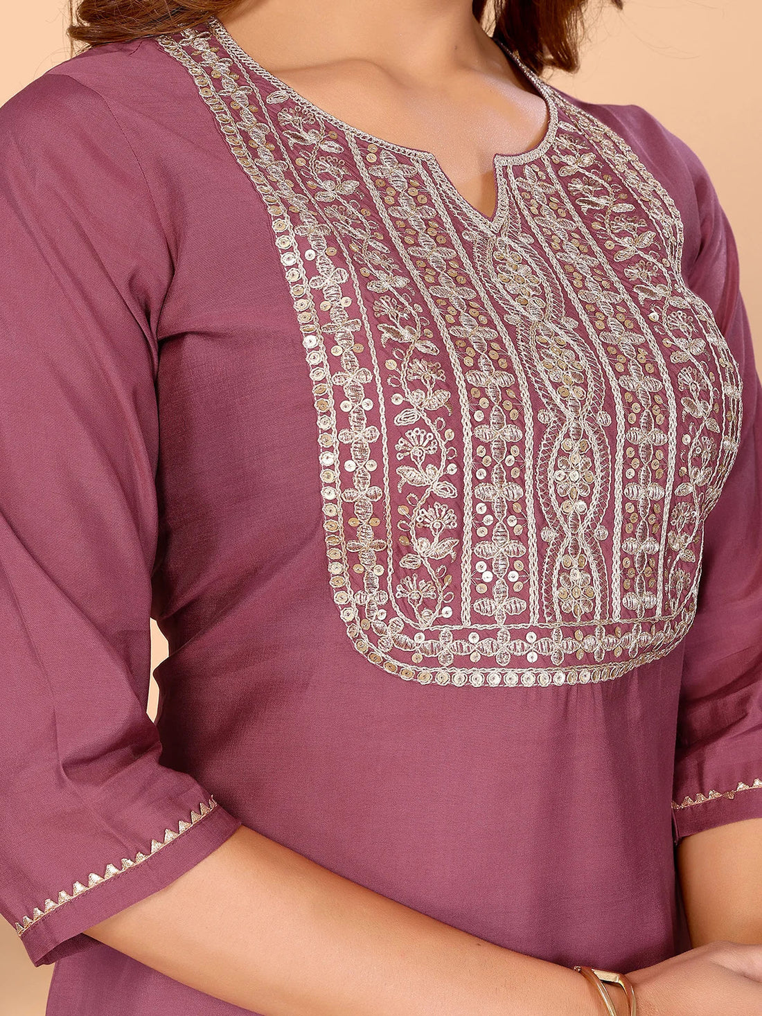 Buy Viscose Poly Embroidered Straight Calf Length Kurta-Mauve