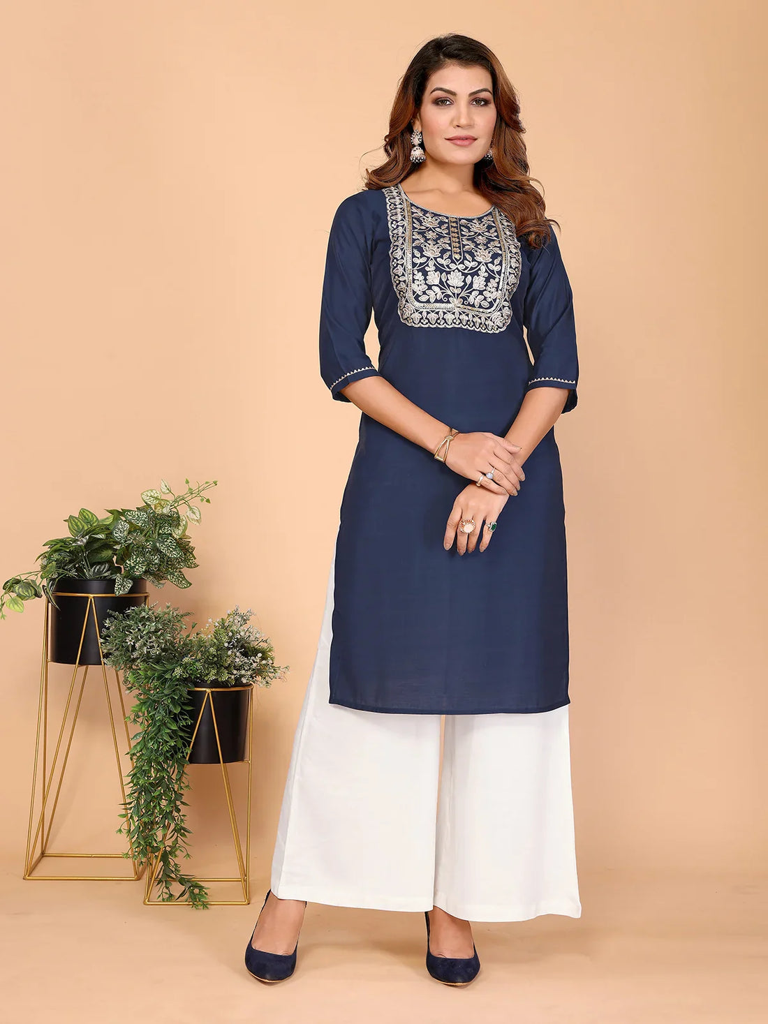 Buy Viscose Poly Embroidered Straight Calf Length Kurta-Navy Blue