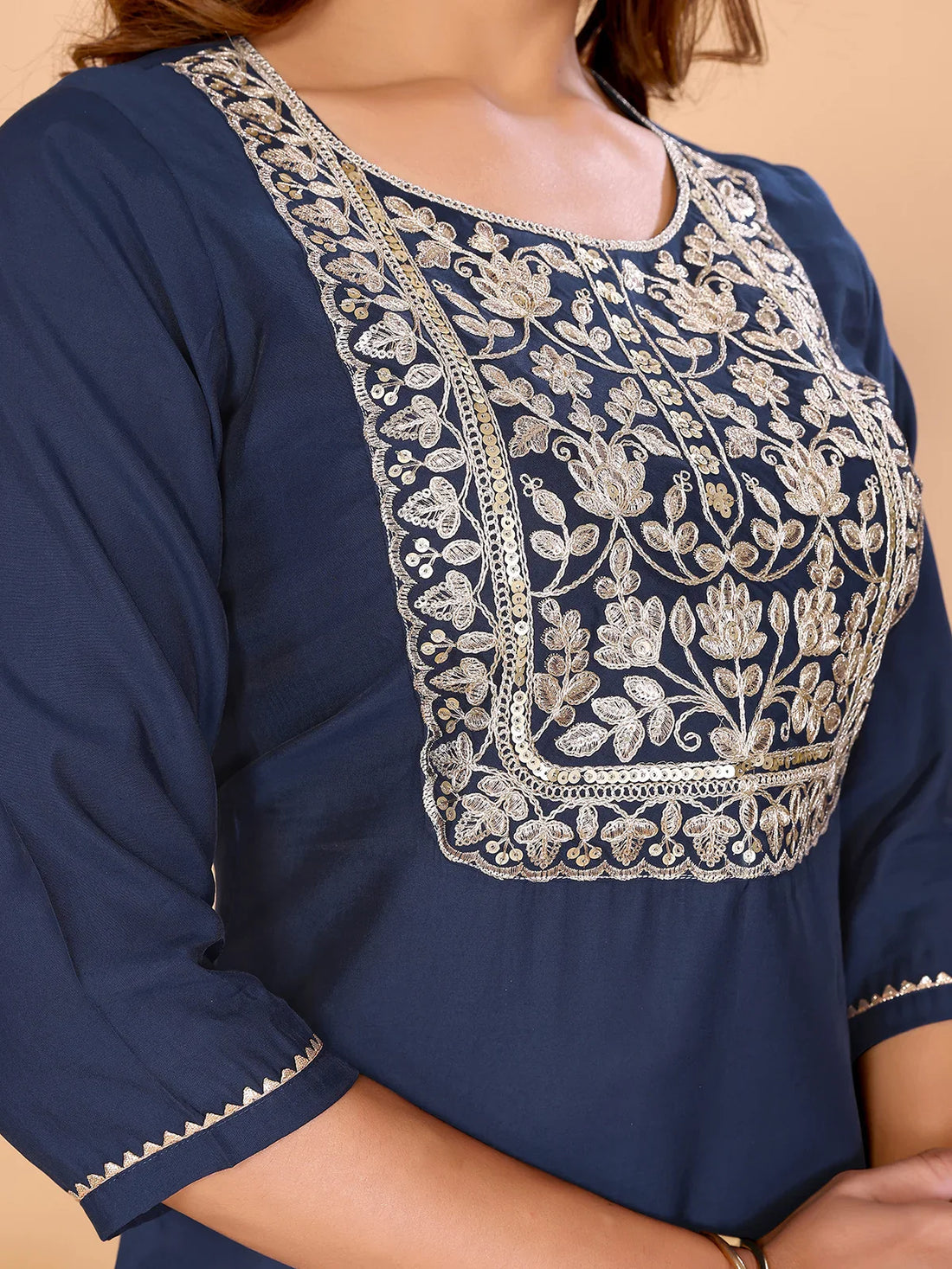 Buy Viscose Poly Embroidered Straight Calf Length Kurta-Navy Blue